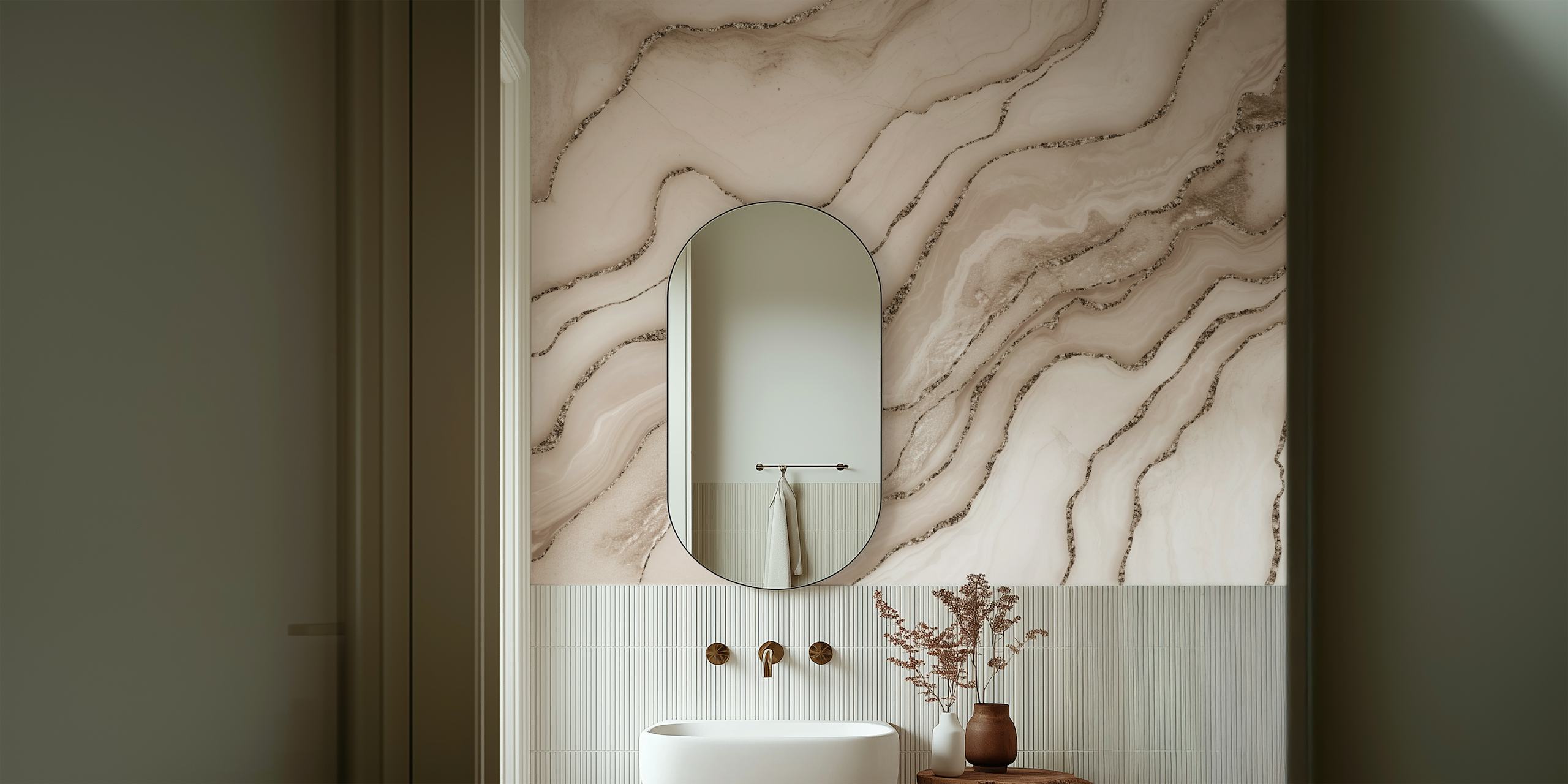 Magnificent Marble Glam Brown Beige behang in een kamer