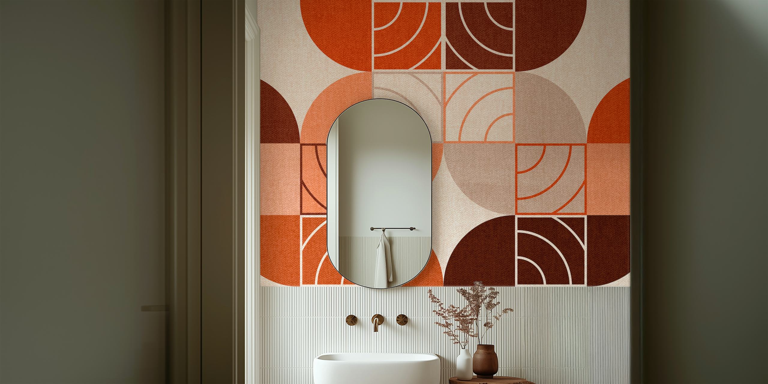 Bauhaus geometrico Caldo murale con forme in terracotta e arancione bruciato