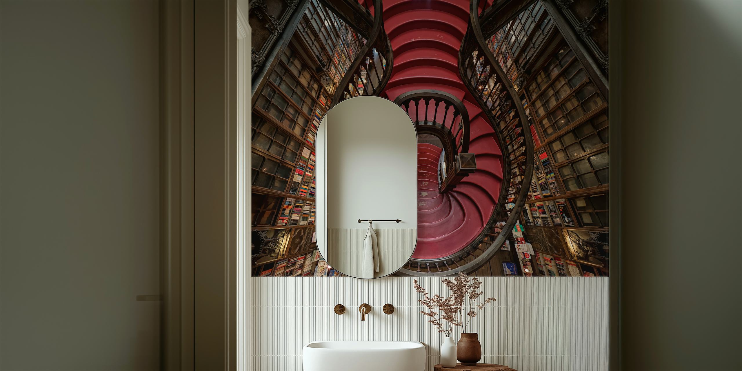 Spiral staircase in rich red hues surrounded by bookshelves wallpaper