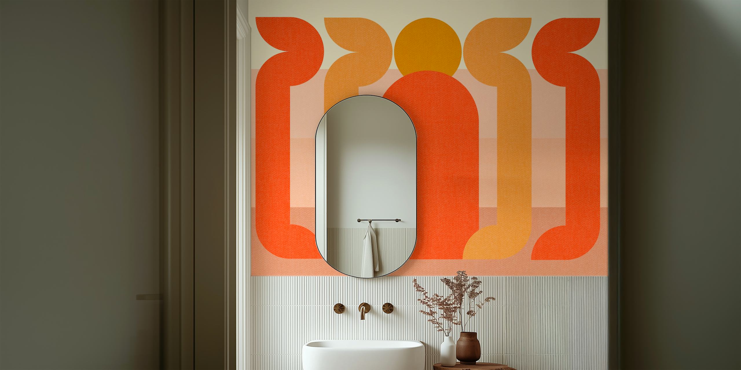 Retro sun design wallpaper in warm tones of orange and yellow