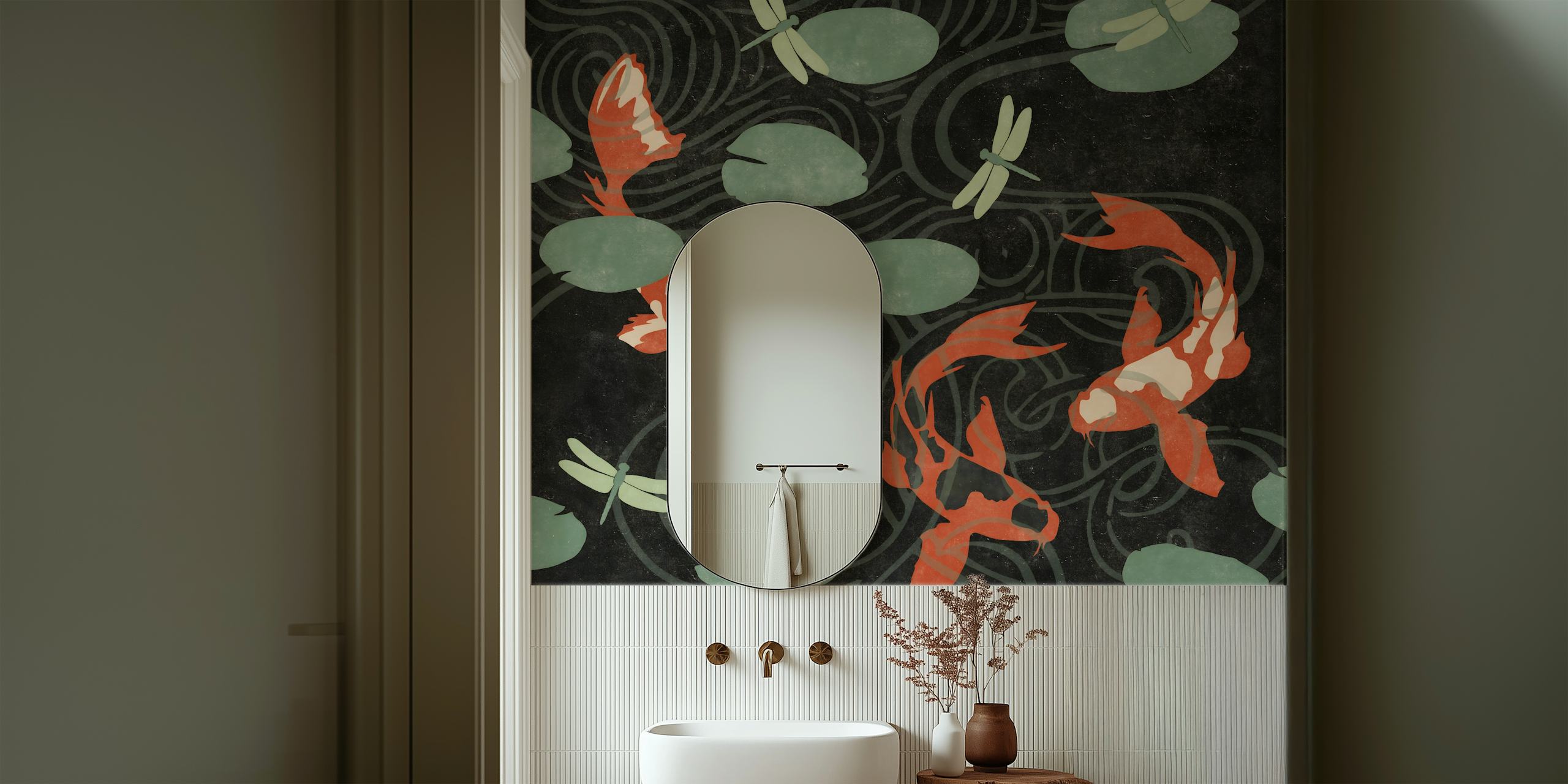 Three koi fish in a dark pond with lily pads wall mural