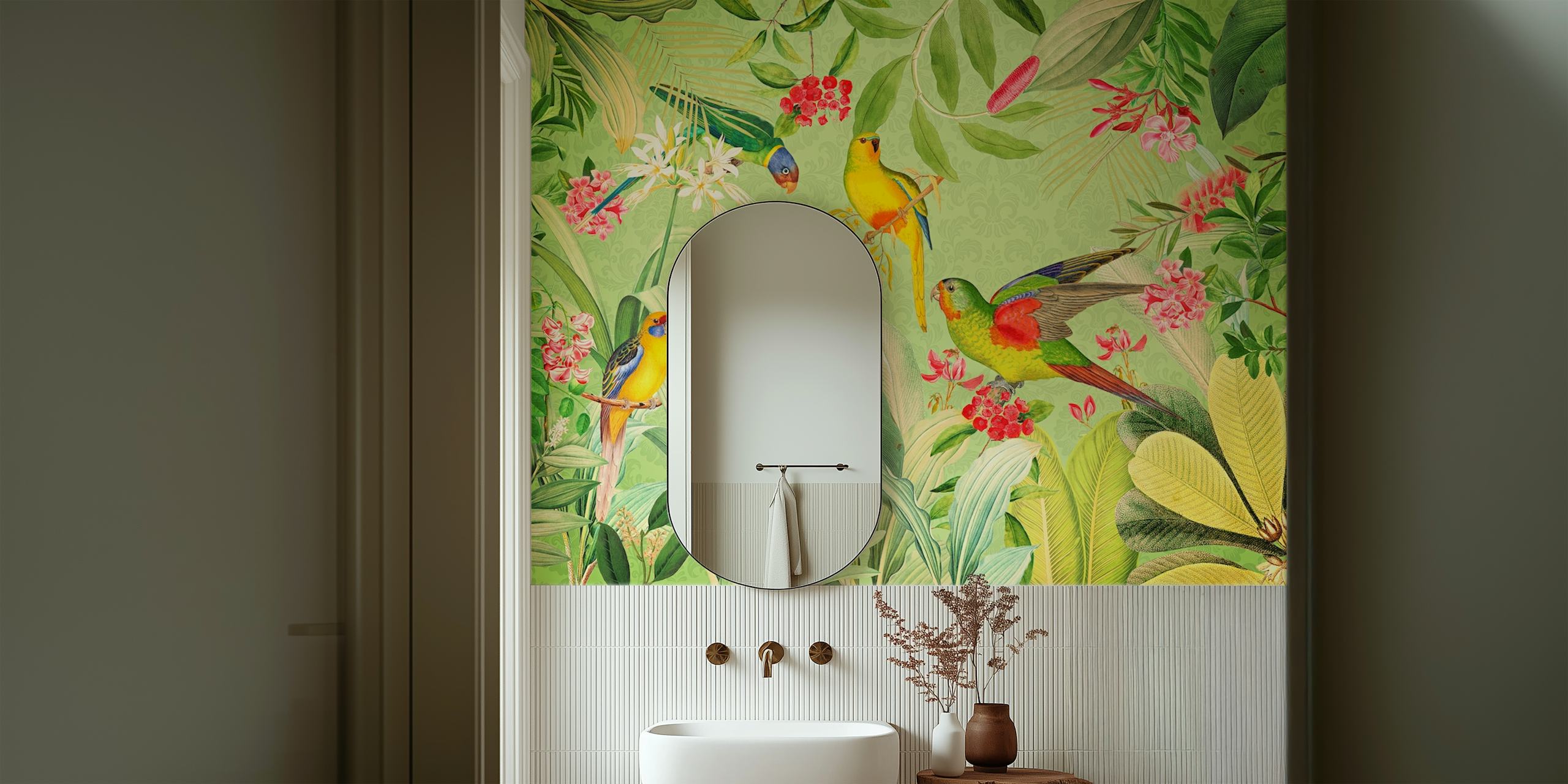 Tropical birds and floral patterns in green wallpaper