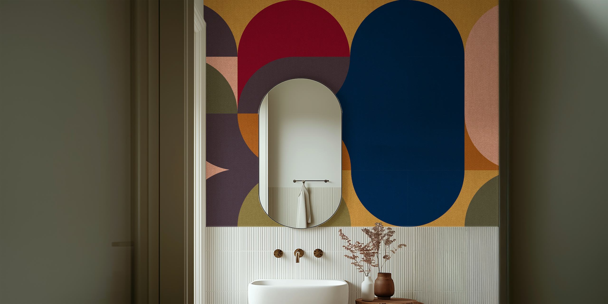 Abstrakcyjna lniana fototapeta z kolażem w stylu retro z ziemistymi tonami i organicznymi kształtami.