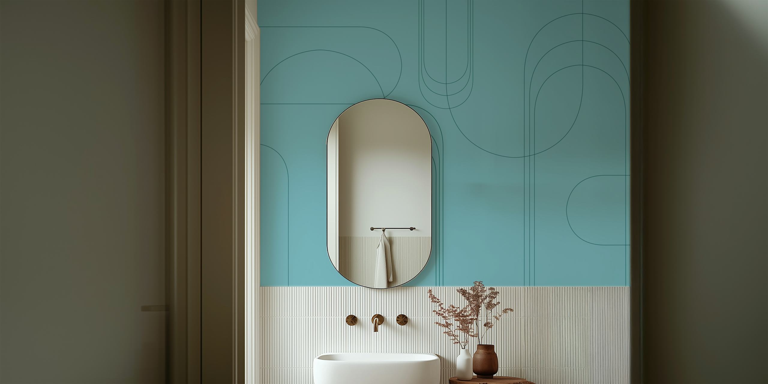 Minimalist arches turquoise wallpaper in a room