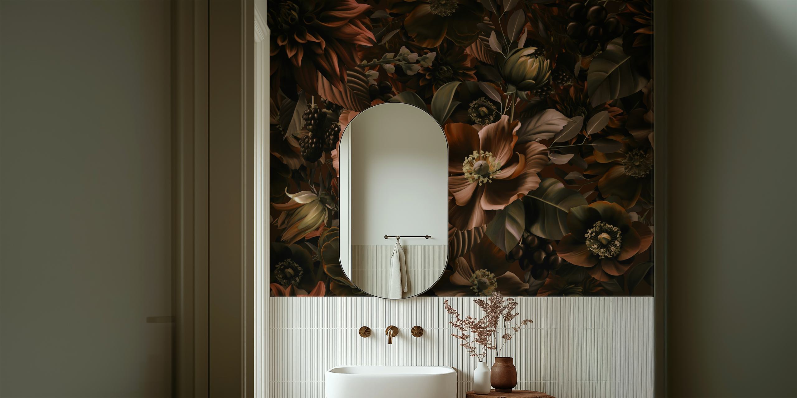 Dark floral pattern with roses and leaves in browns wallpaper