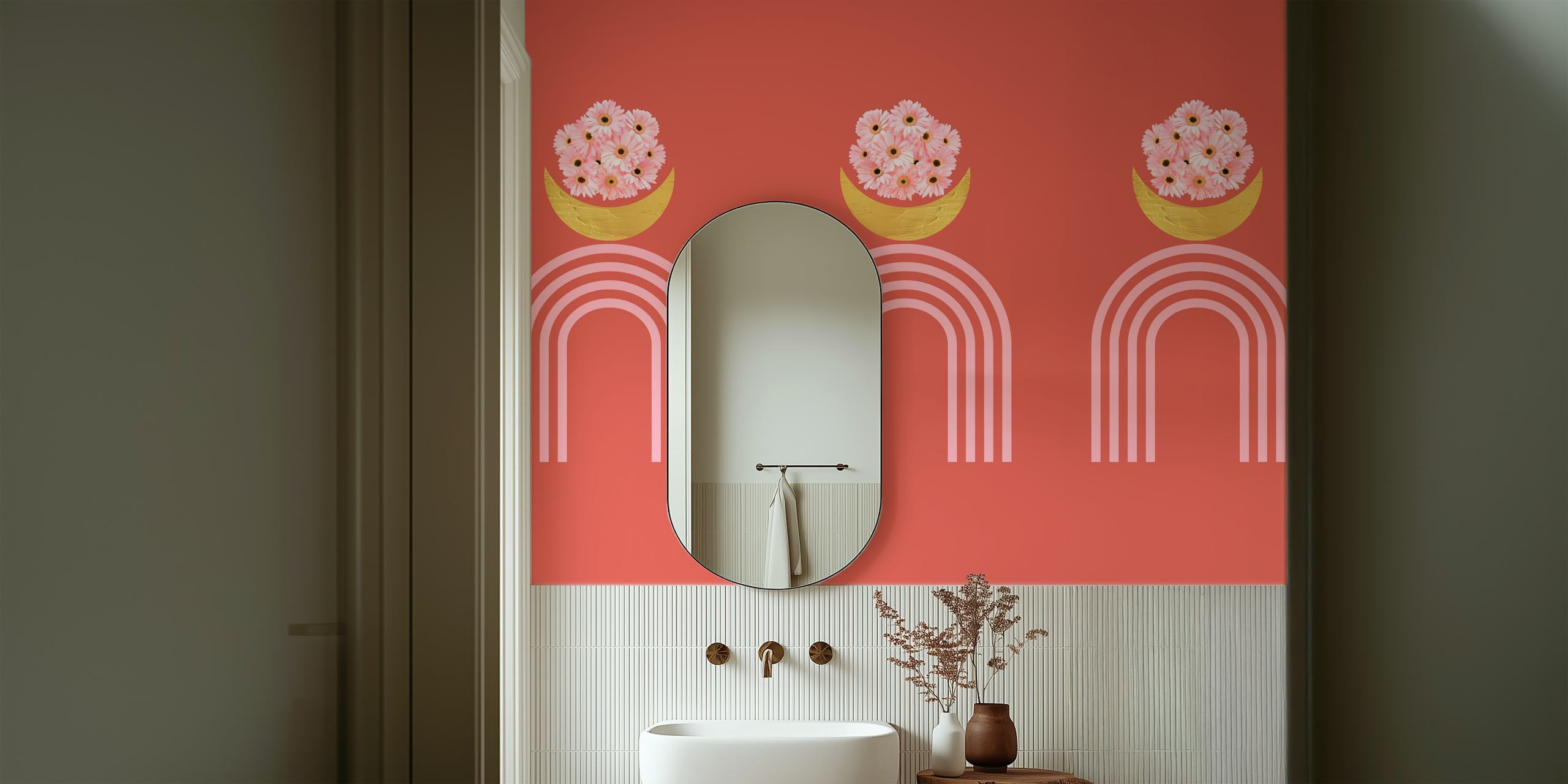 Pink daisy flowers in yellow bowls with rainbow arches wallpaper