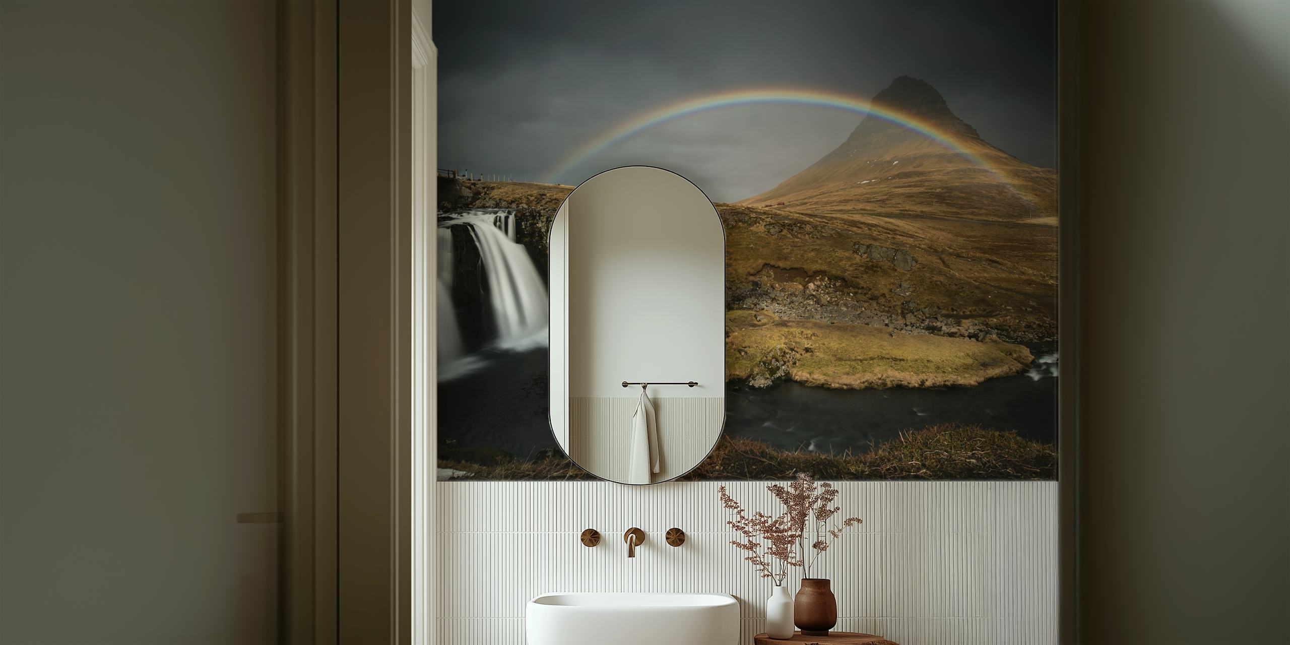 Kirkjufell mountain in Iceland with waterfall and rainbow wall mural