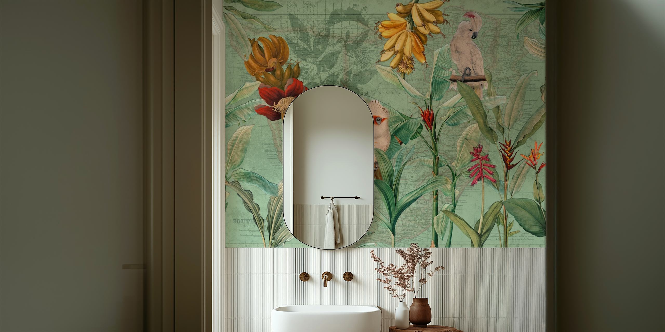 Green Exotic Vintage Bird Jungle tapettisuunnittelu