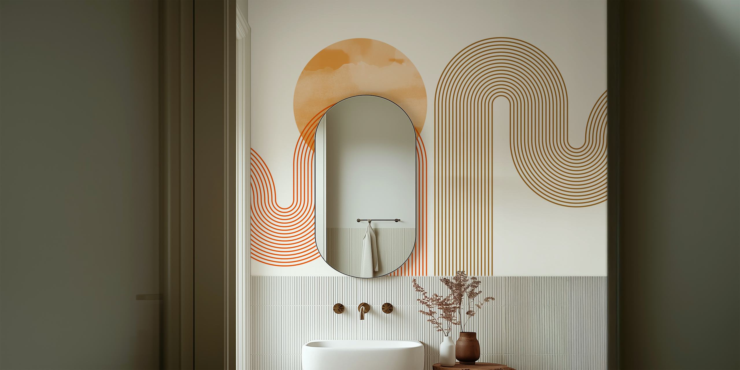 Curvy orange and brown lines with circular shapes wallpaper