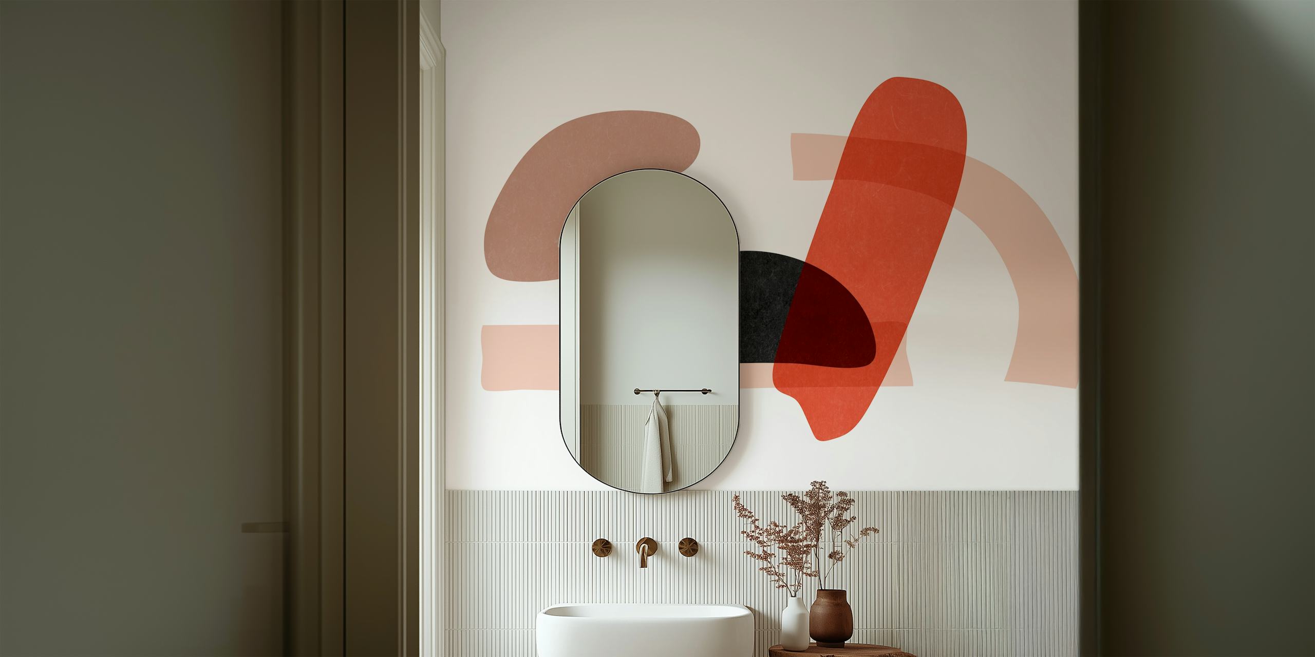 Abstracte, Japans geïnspireerde vormen in gedempte aardetinten muurschildering