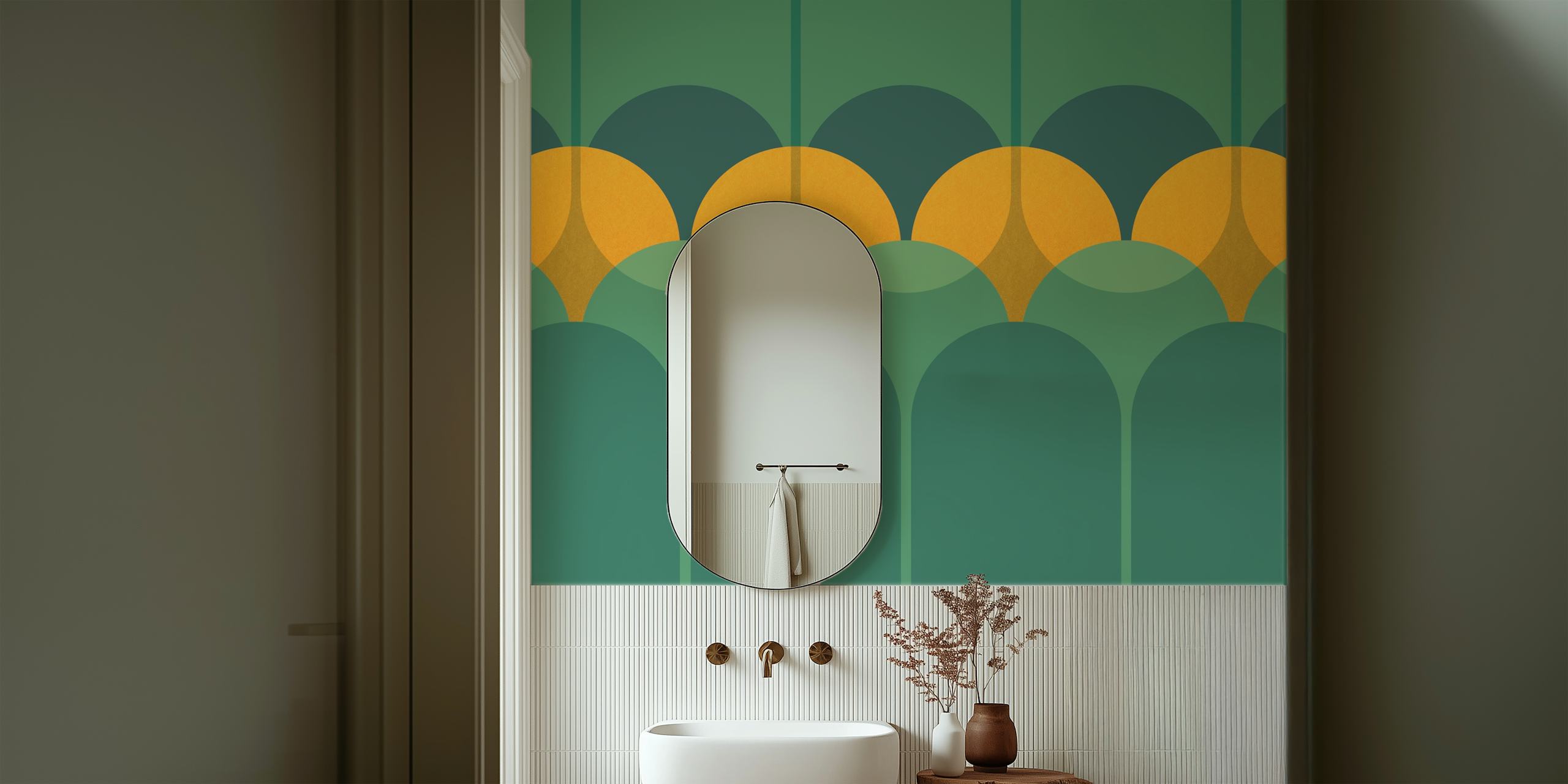Art Deco inspired wall mural featuring geometric arches in green and mustard tones