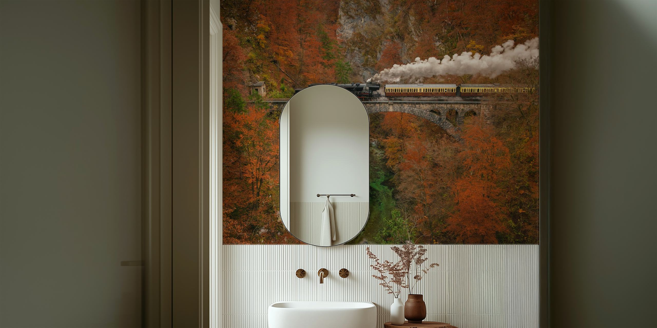 Train crossing a stone bridge in vibrant autumn colors wallpaper