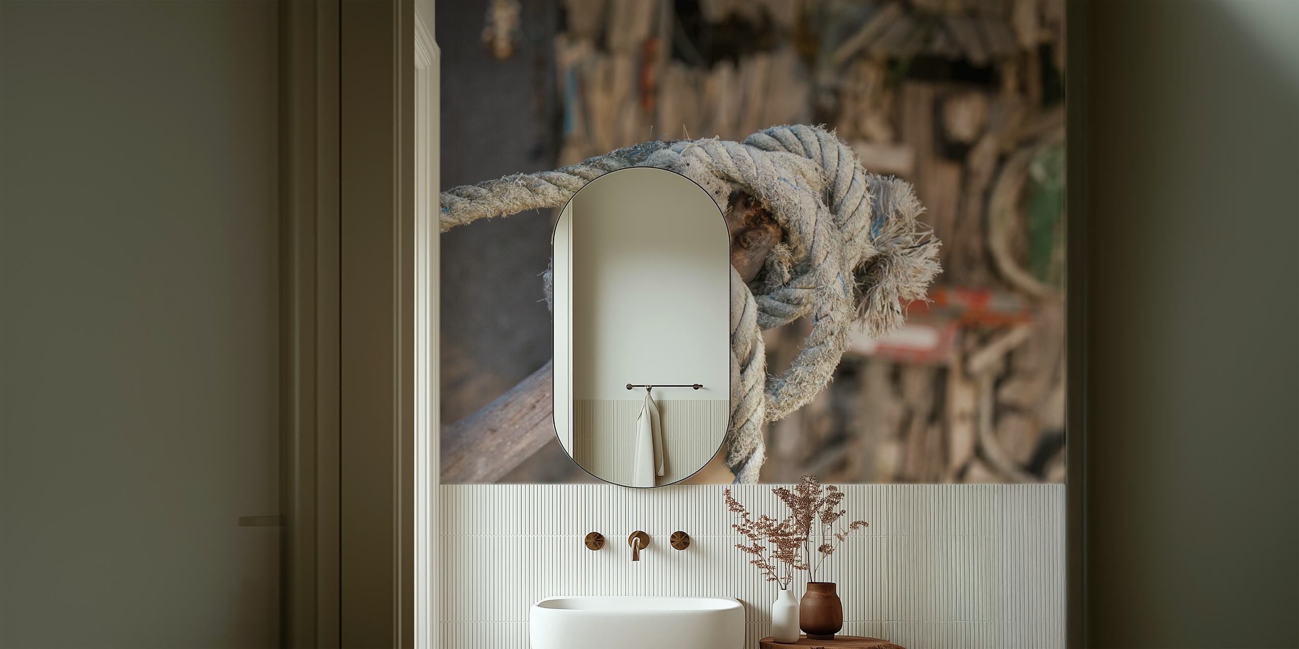 Old rope tied on driftwood wallpaper
