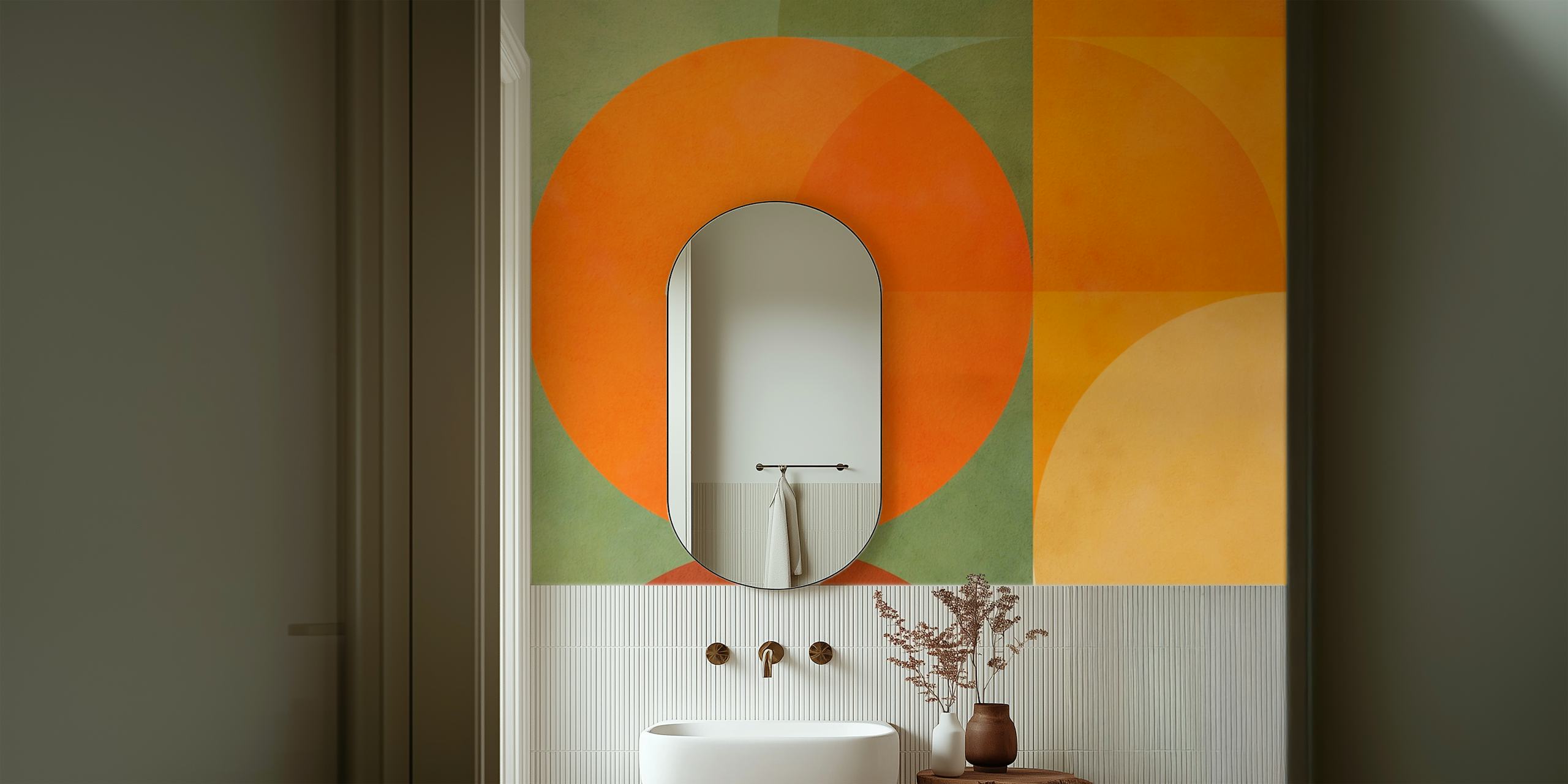 Colorful geometric shapes in orange, green, and yellow wallpaper
