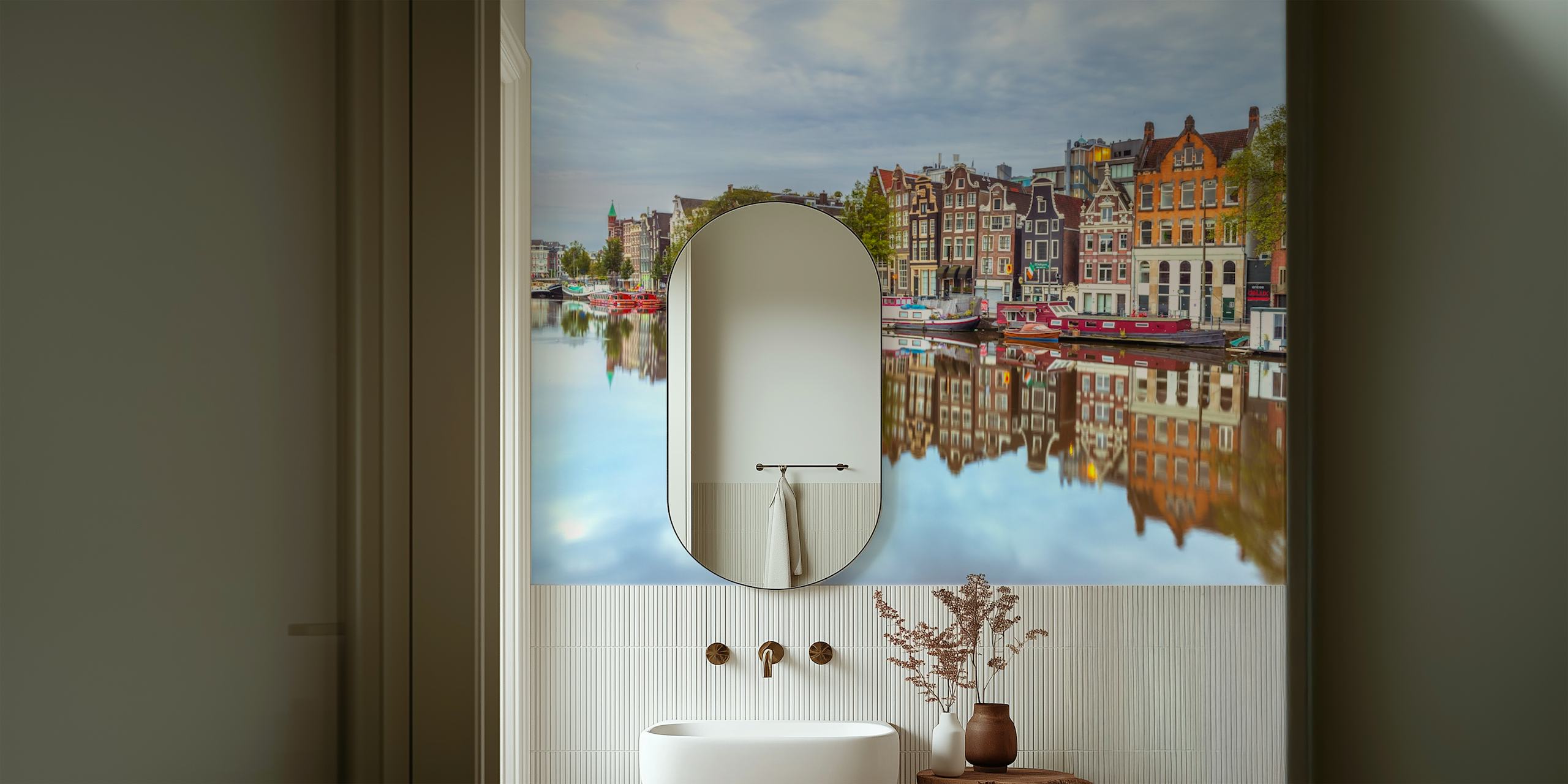 Amsterdam canal reflection wallpaper with colorful buildings and water
