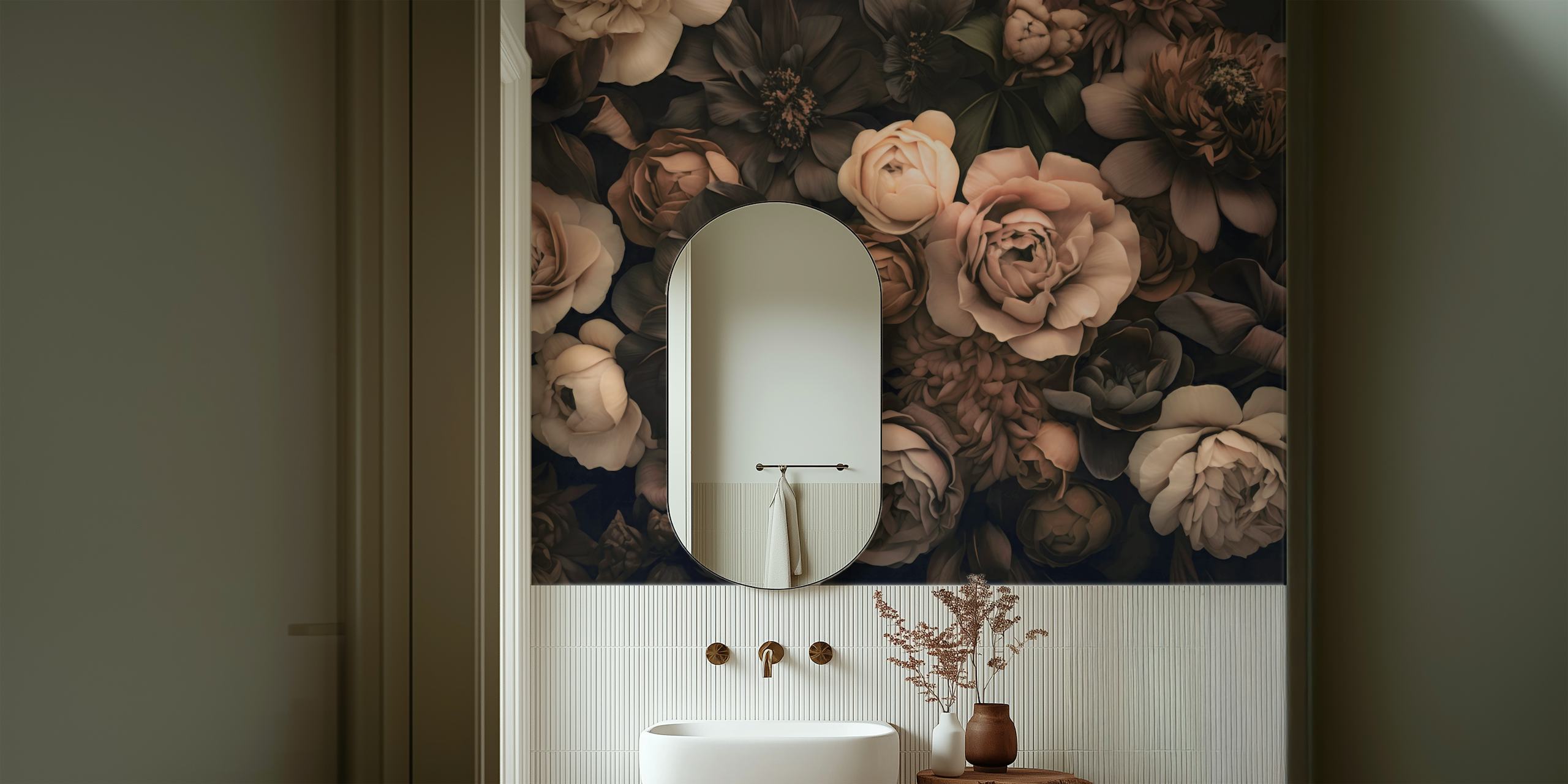 Flores opulentas em estilo barroco em tons de blush e marrom com um toque botânico temperamental
