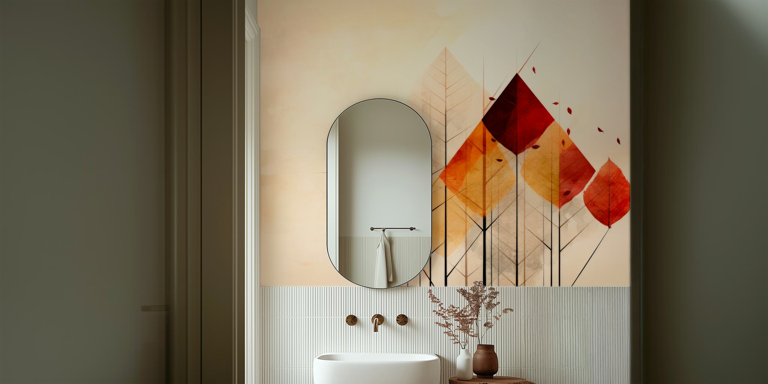 Geometric design with red and yellow leaves on a soft background wallpaper
