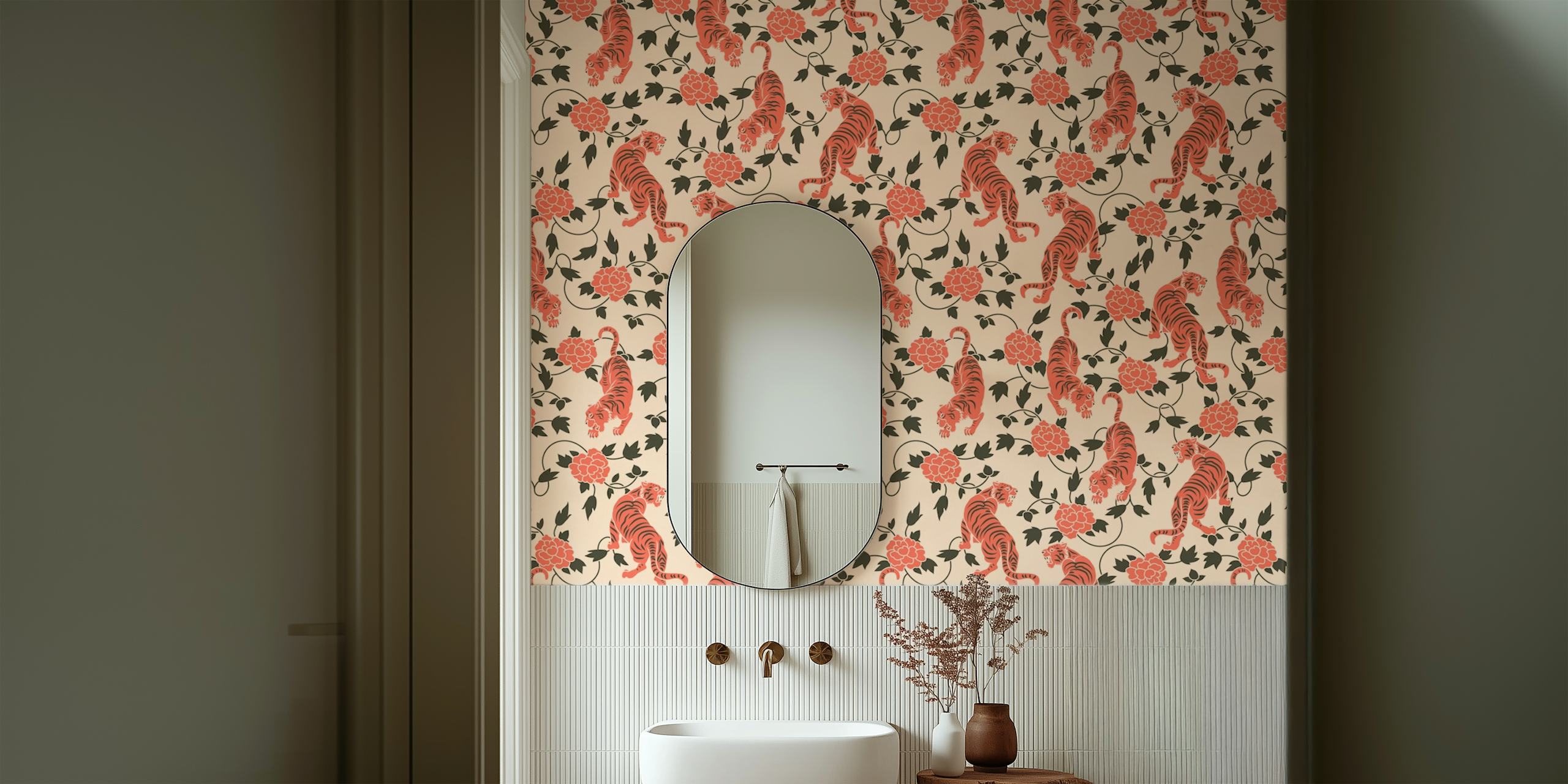 Vintage muurschildering in Chinese stijl met tijgers en bloemen op een romige achtergrond