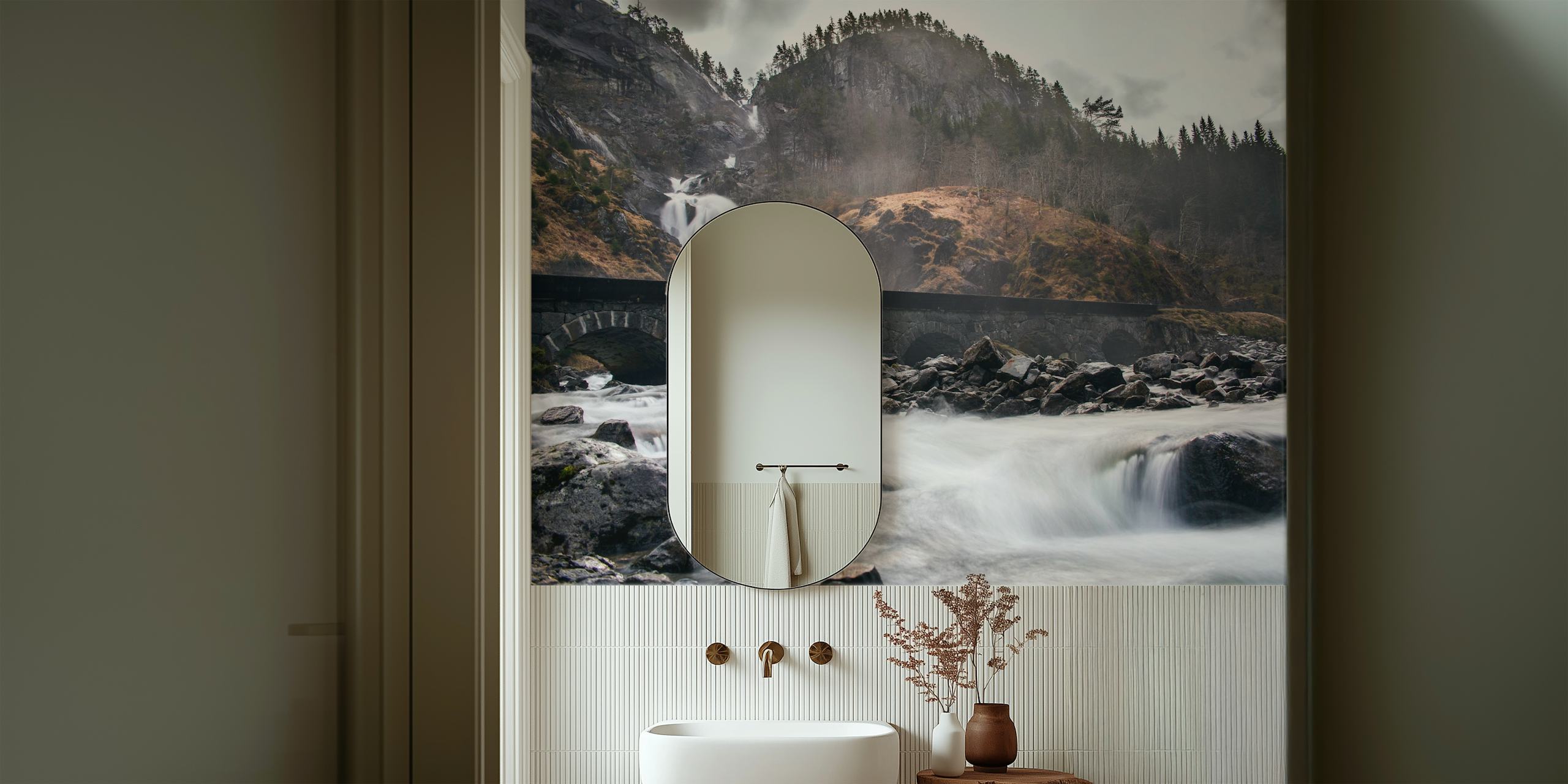 Misty waterfall and craggy peaks wall mural