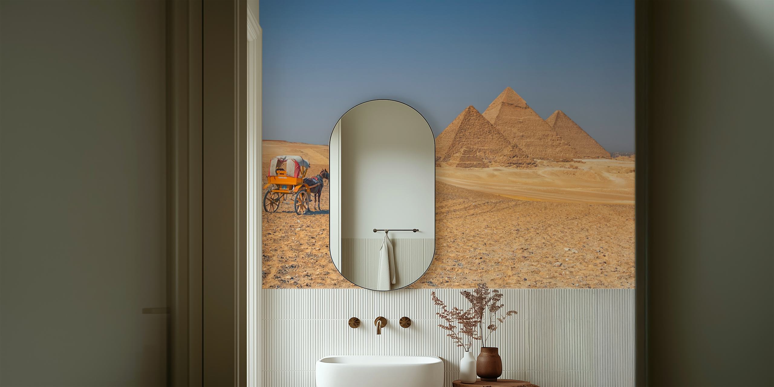 Giza Plateau wall mural featuring the Great Pyramids and a horse-drawn carriage