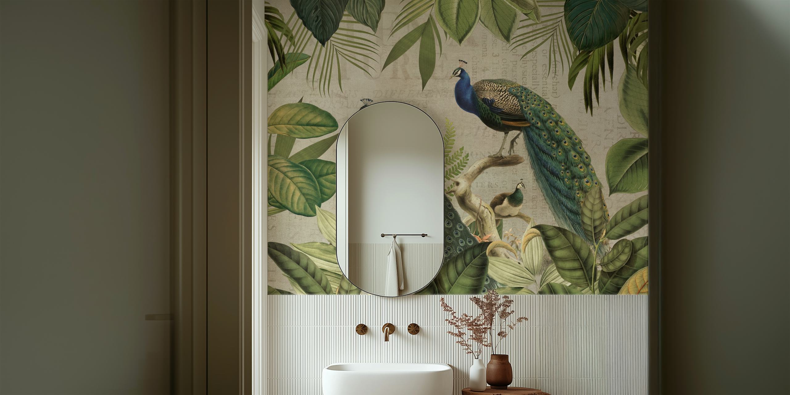 Peafowl and jungle design wallpaper in a room