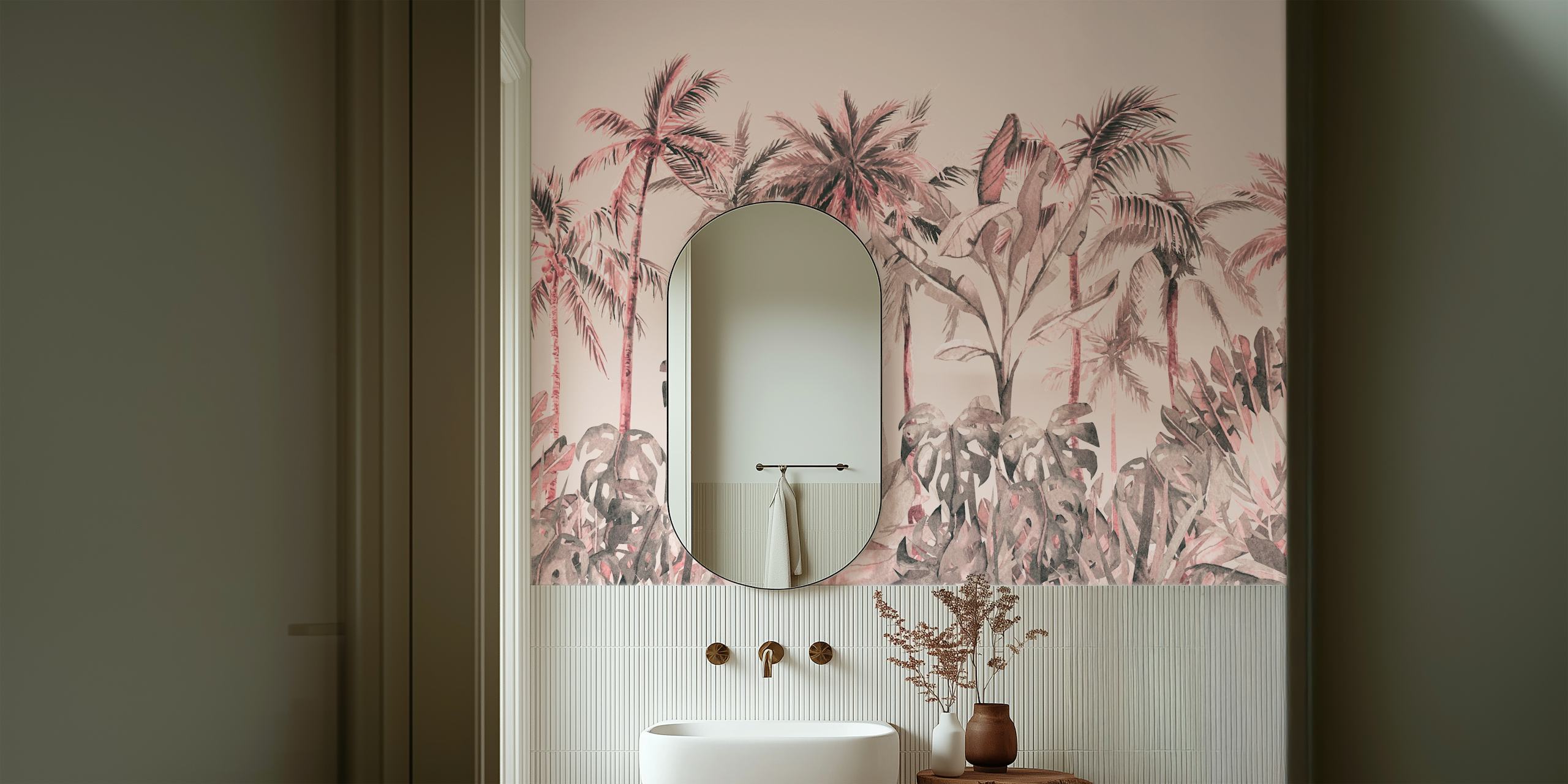 Papier peint mural d'une île tropicale rose pastel avec un feuillage luxuriant