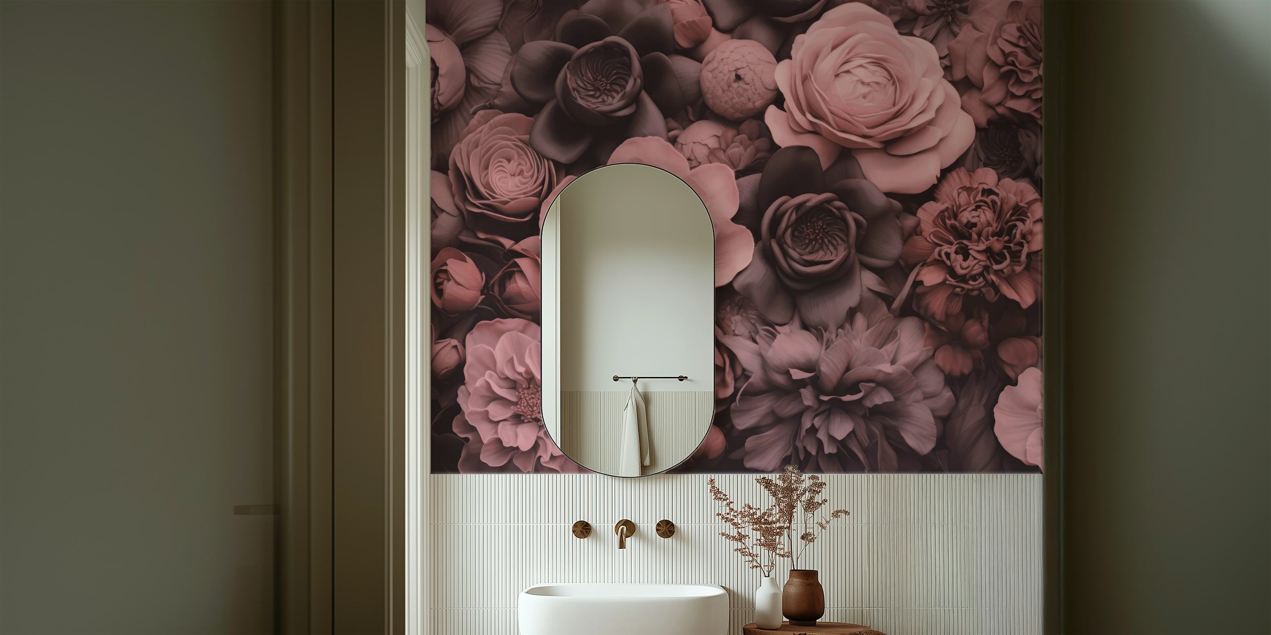 Opulent Baroque Flowers wall mural with a dusty pink moody botanical art design