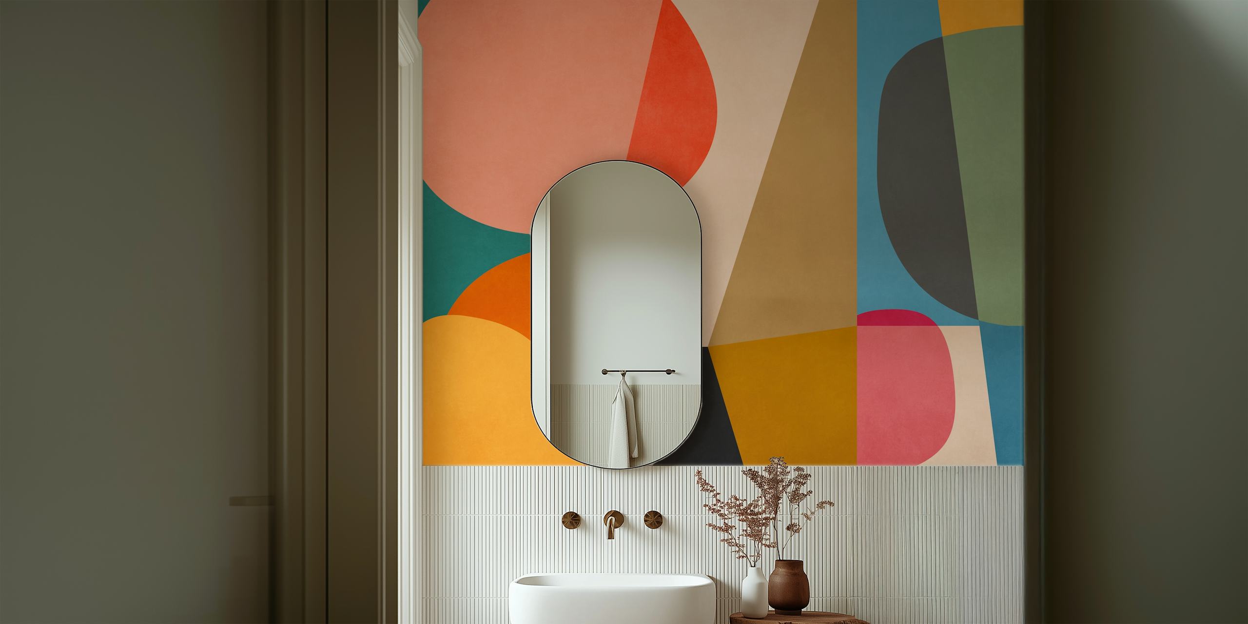 Colorful abstract geometric shapes including orange, teal, pink, and yellow wallpaper