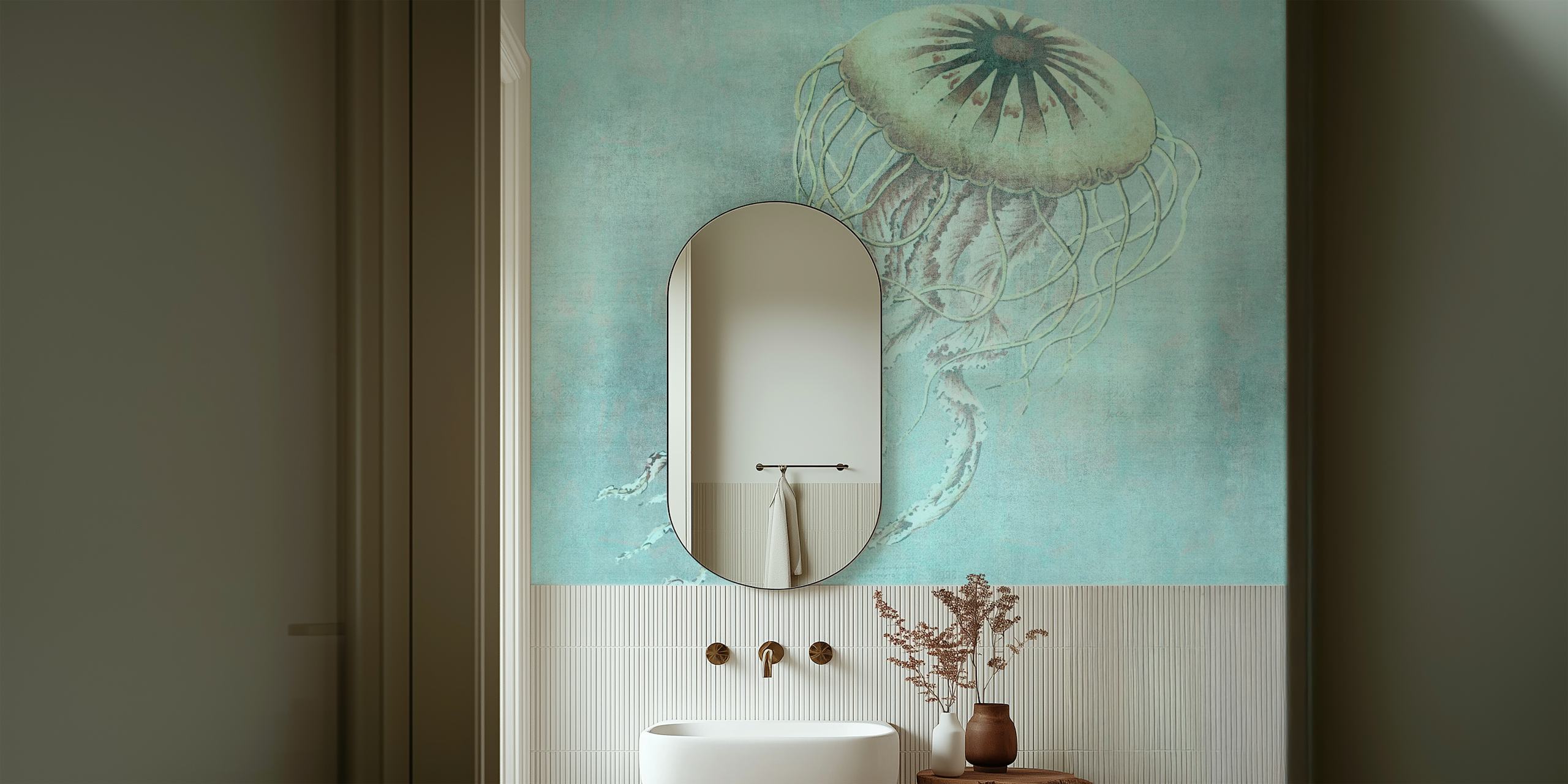 Turquoise jellyfish wallpaper displayed in a room