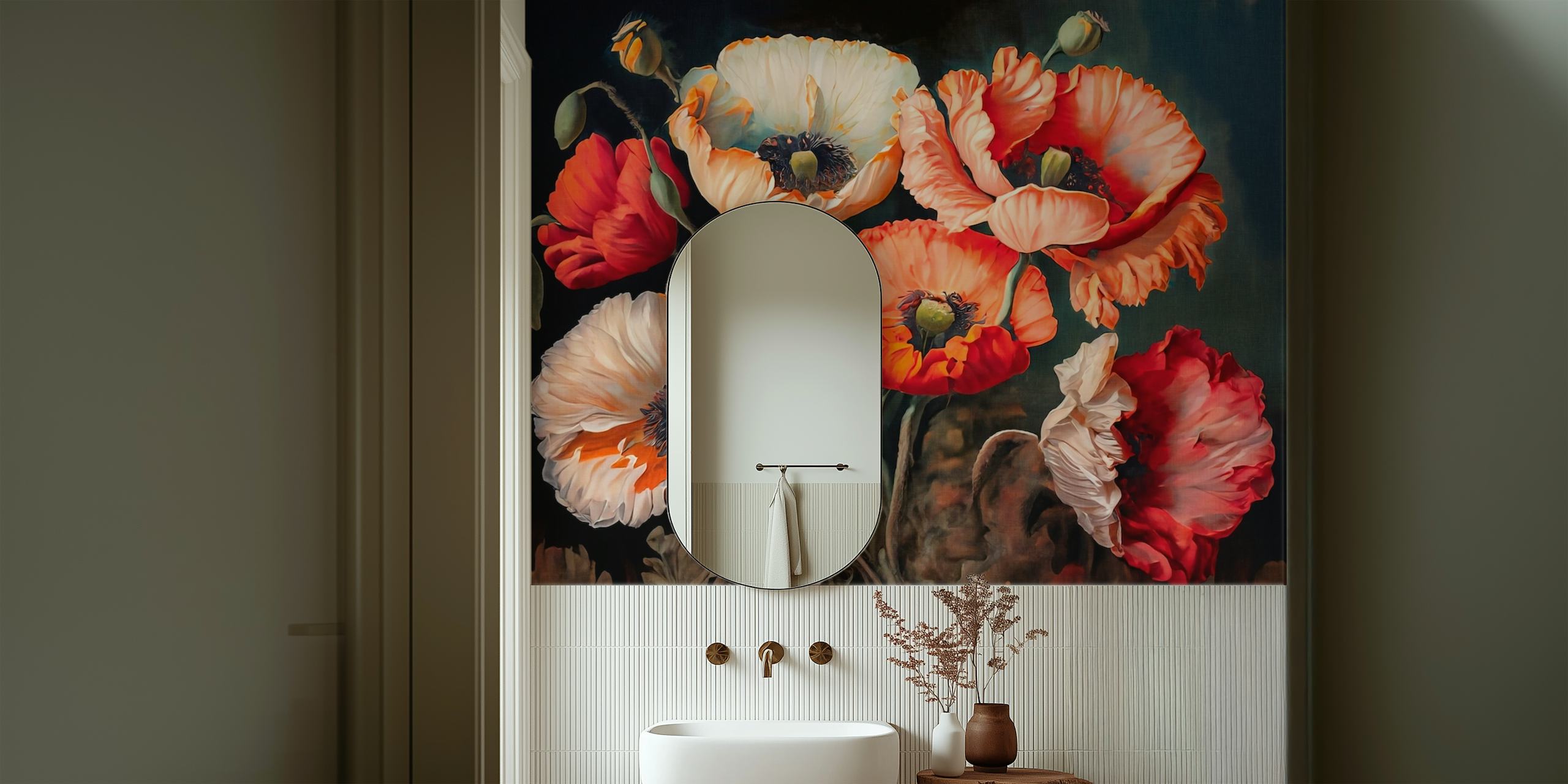Vintage poppies in shades of red and white with green stems wallpaper