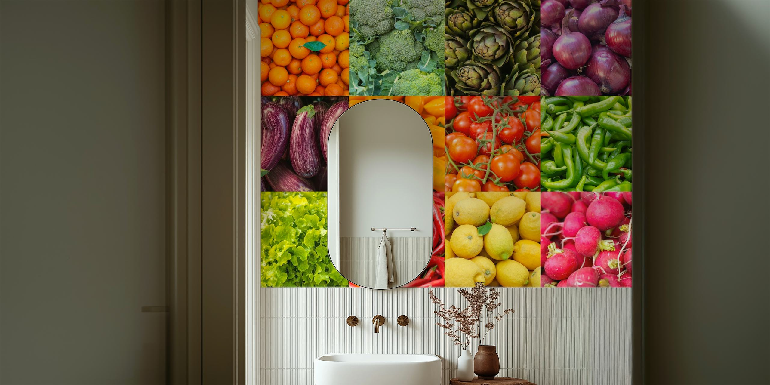 Fruit and vegetable collage with bright colors green orange red yellow wallpaper