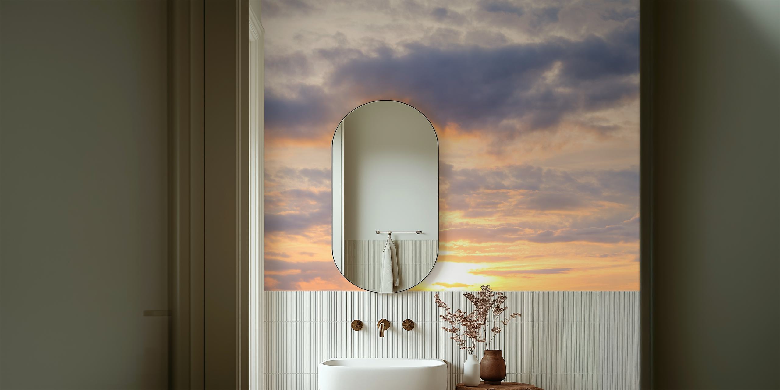 Cloudy sunrise with warm yellows and soft grays wallpaper