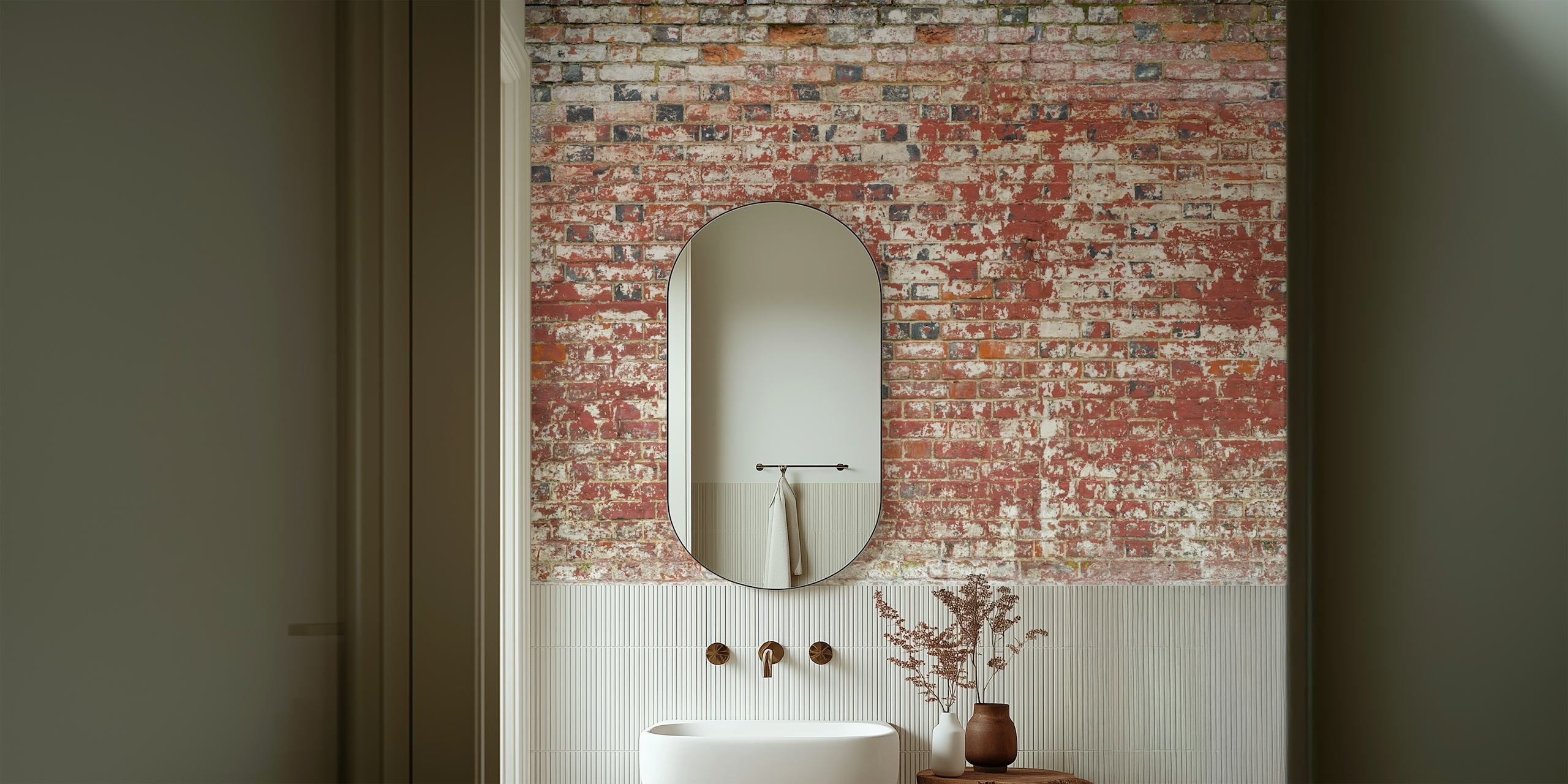 Rustic red brick wall with distressed white paint texture wallpaper