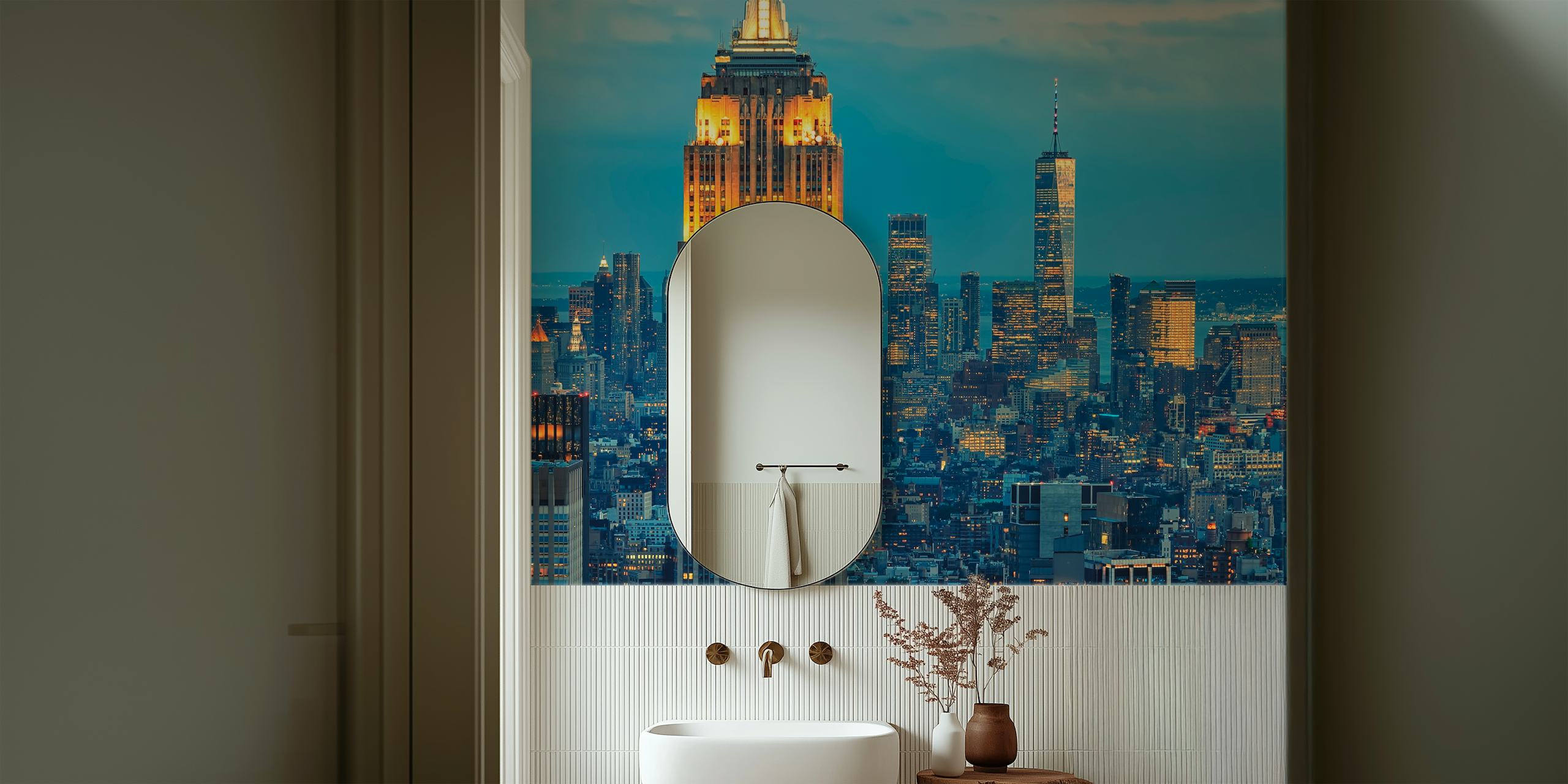 Horizonte crepuscular de Nova York com mural do Empire State Building