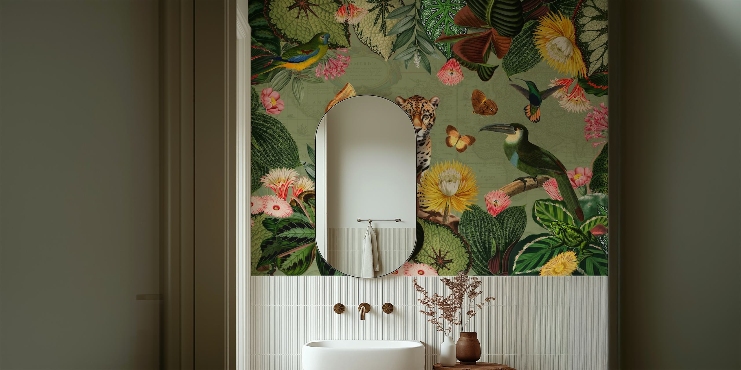 Tropical jungle scene with a leopard, toucan, and vibrant flowers, green wallpaper