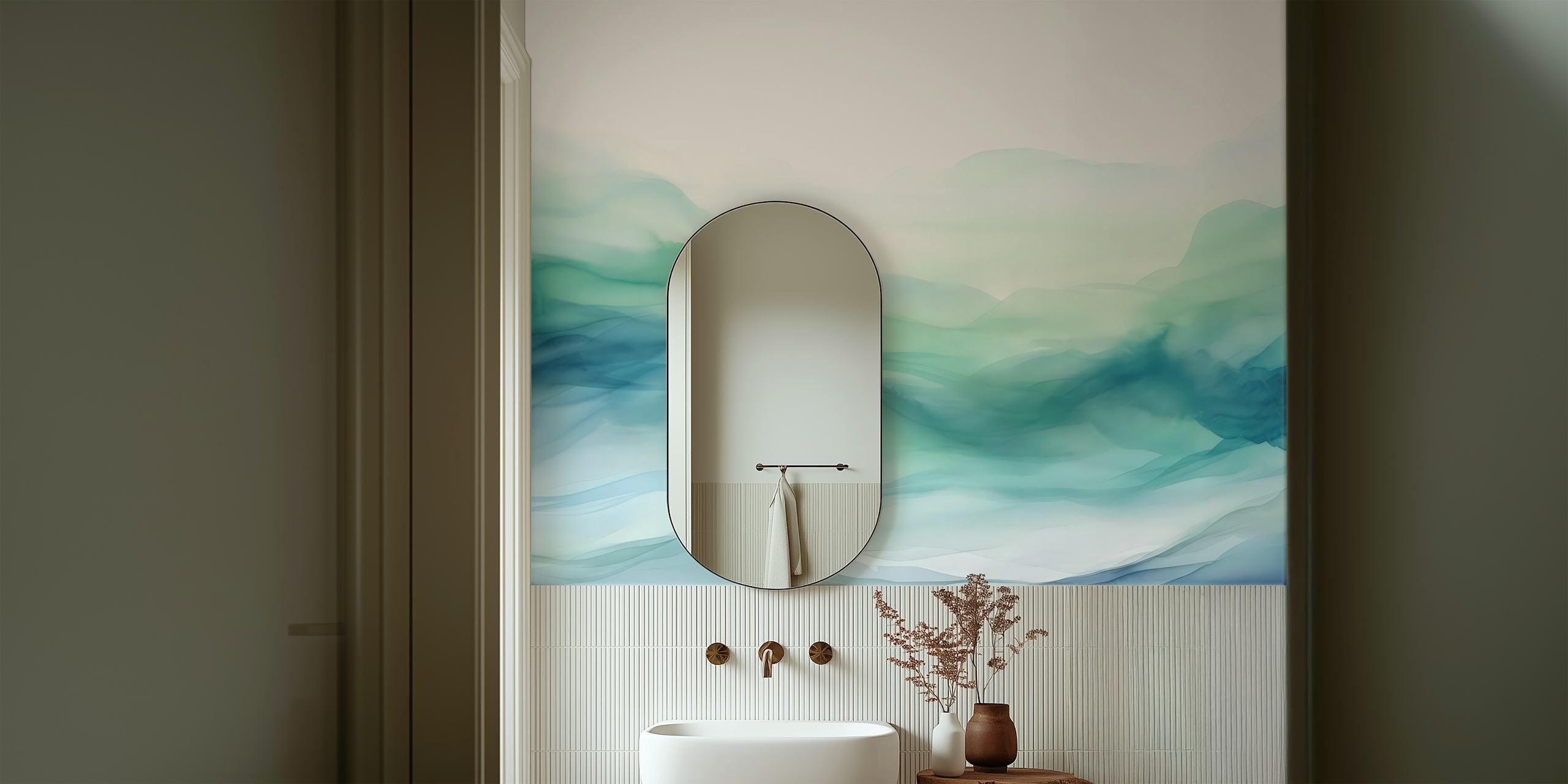 Soft blue and green layered watercolor hills wallpaper