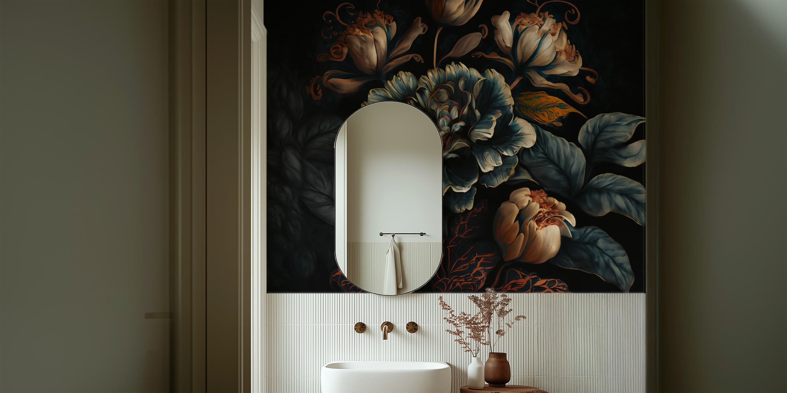 Large baroque style night flowers in dark hues wallpaper