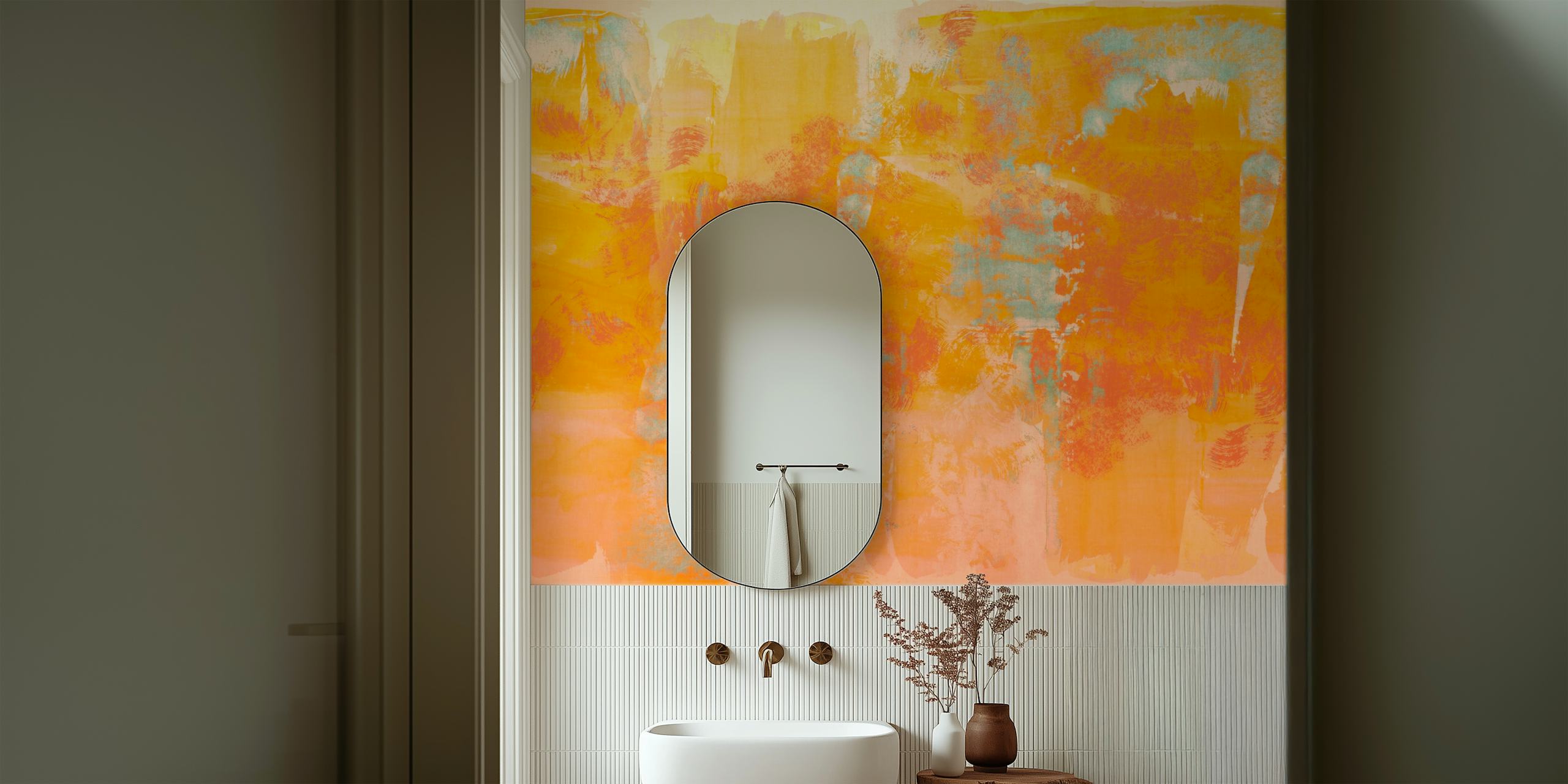 Murale astratto ad acquerello nei toni del corallo e dell'arancio con una texture grunge tattile