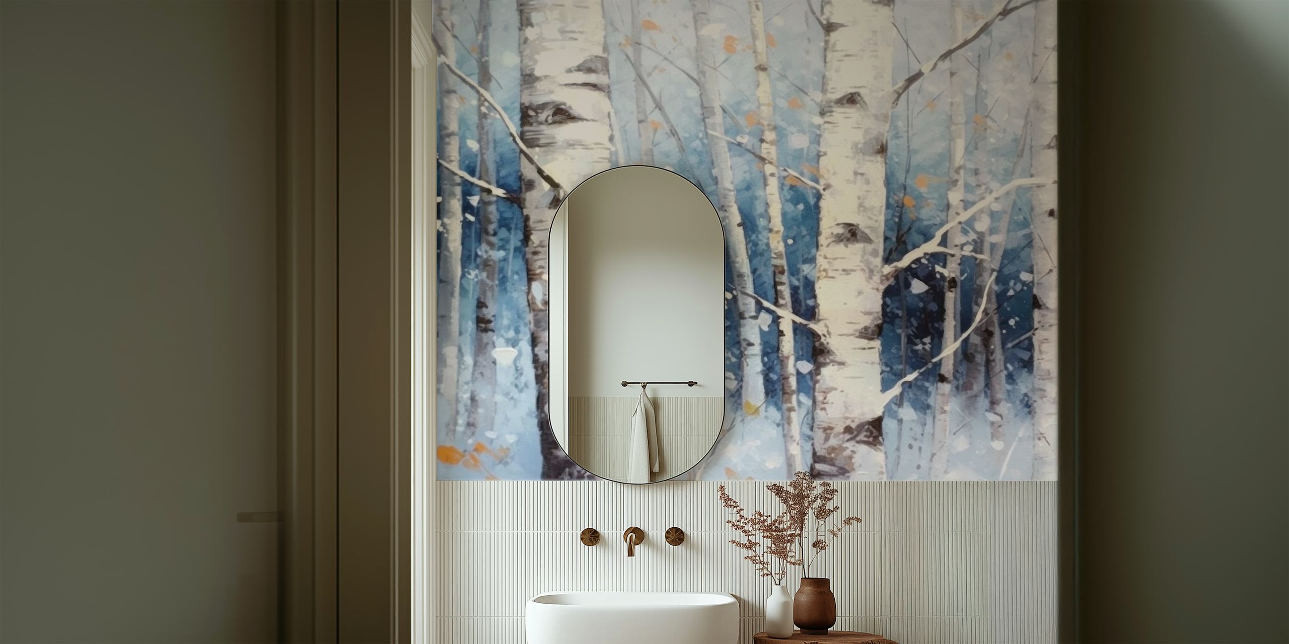 Snowy birch trees wallpaper in a room