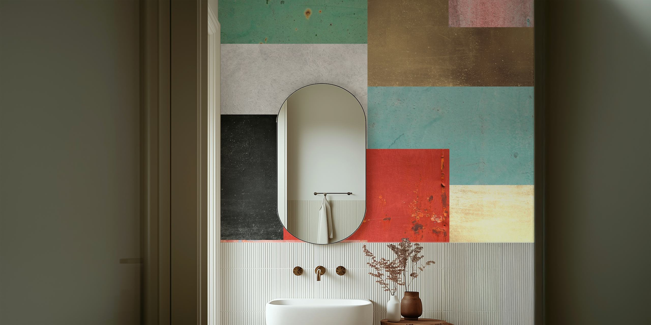 Geometric pattern in gold, black, green, and red colors wallpaper