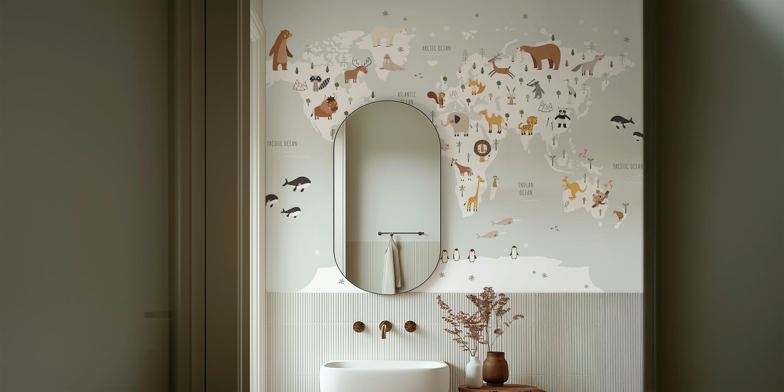 World map with animals wallpaper in a room
