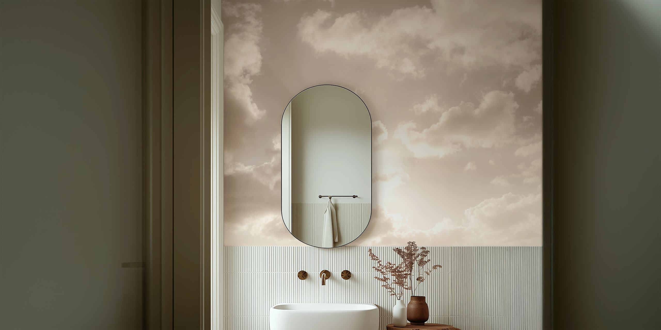 Zidni mural bež oblaci s blagim osvjetljenjem i prizorom mirnog neba