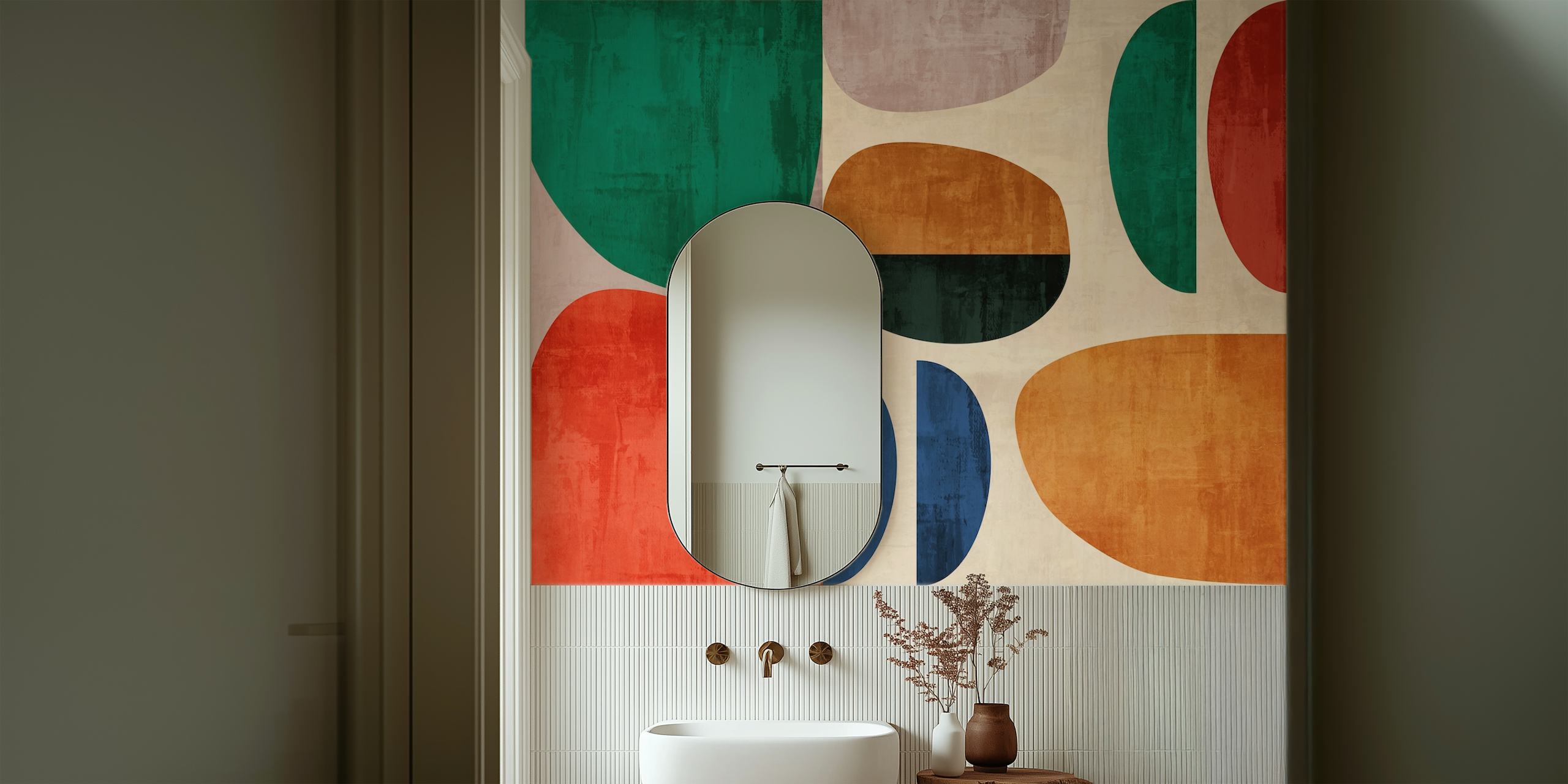 Bunte geometrische Formen in Grün, Rot, Blau und Beige Wallpaper