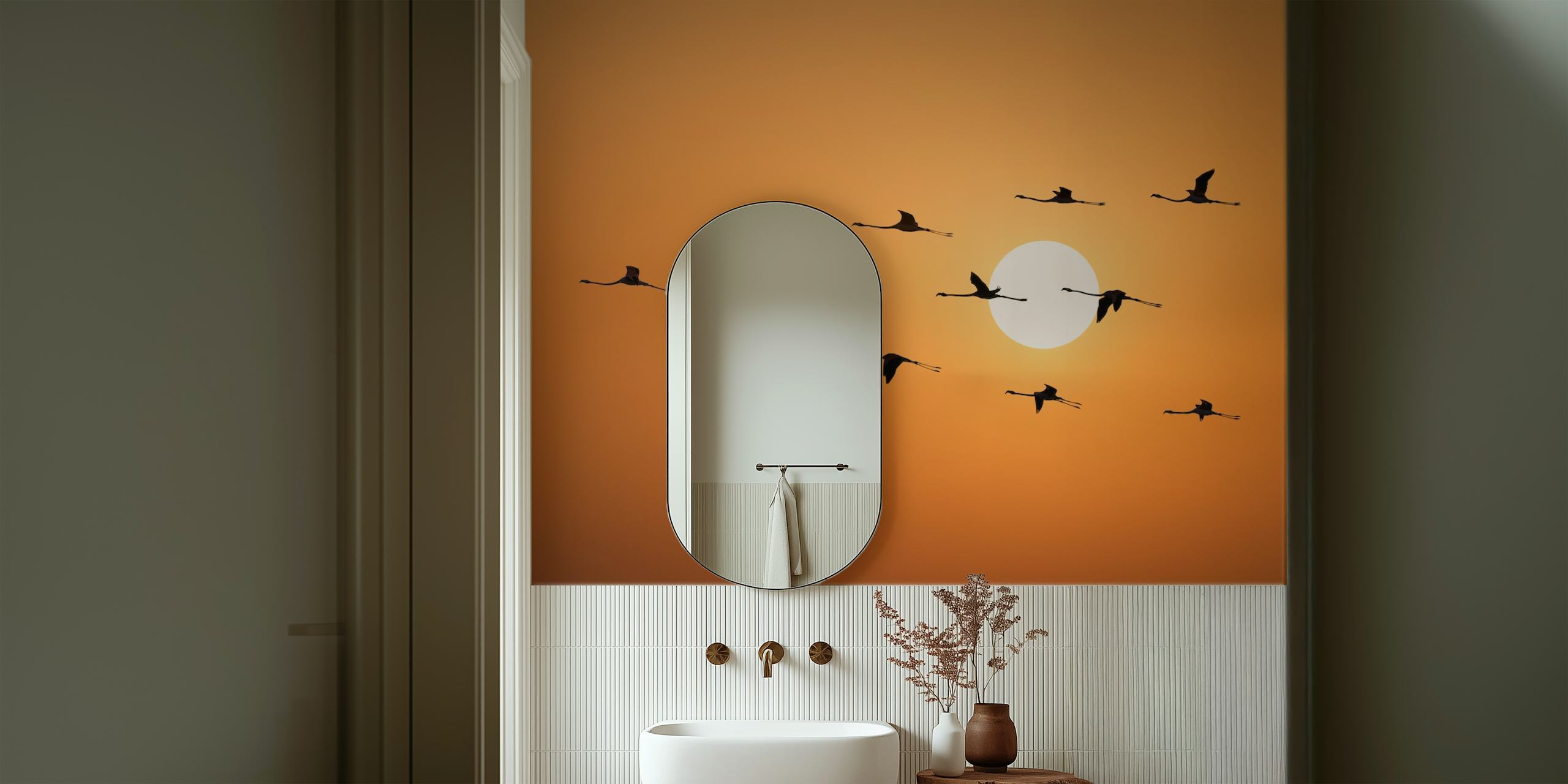 Tapeta Flamingo Silhouettes wyeksponowana w pokoju