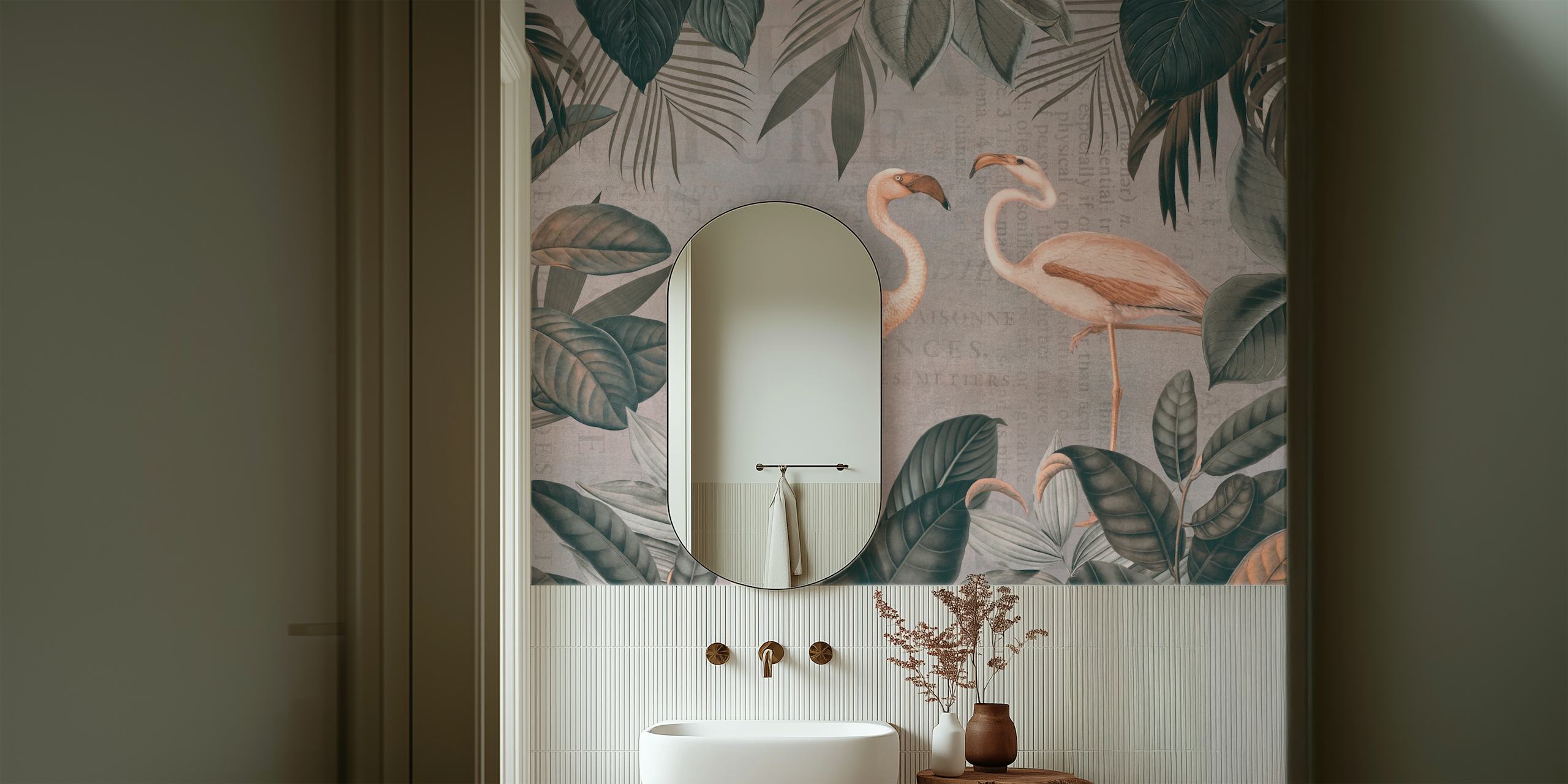 Vintage Flamingo Oasis wall mural with tropical foliage and typography