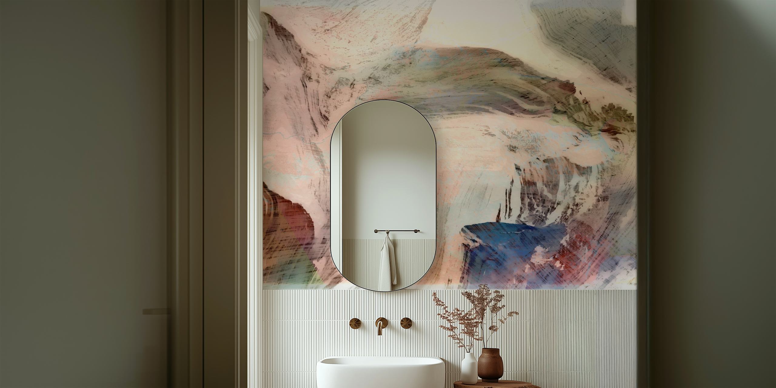 Abstract landscape with soft pastel colors and flowing patterns wallpaper