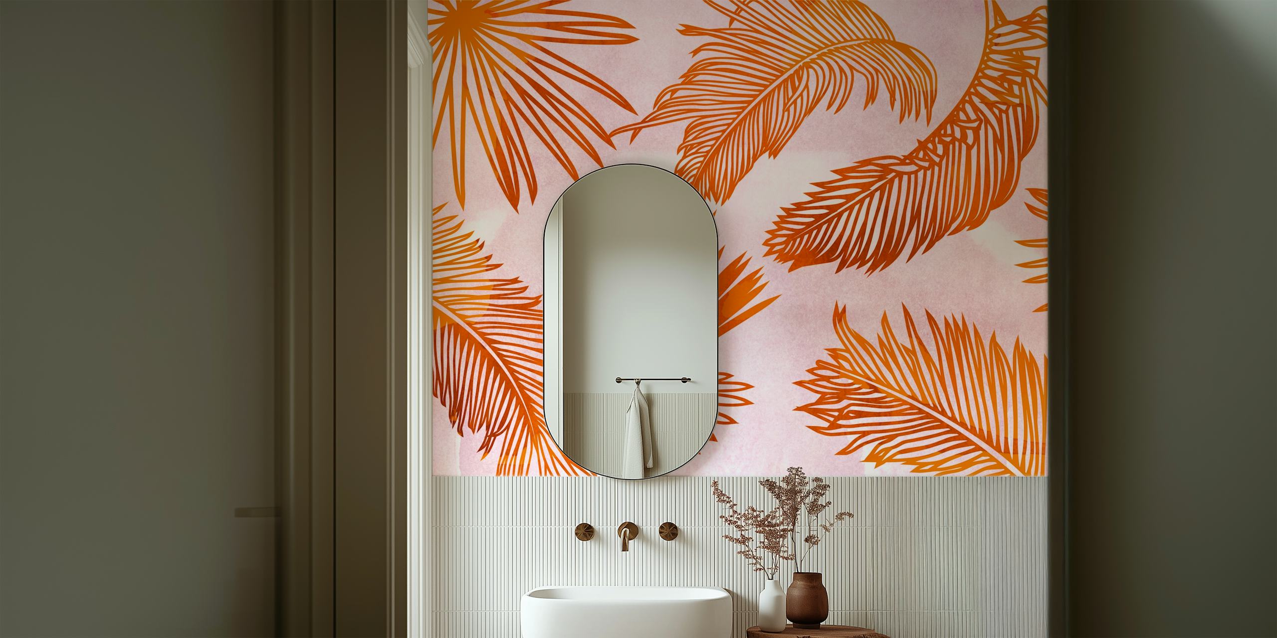 Tropical palm leaves in warm orange colors on pastel background wallpaper
