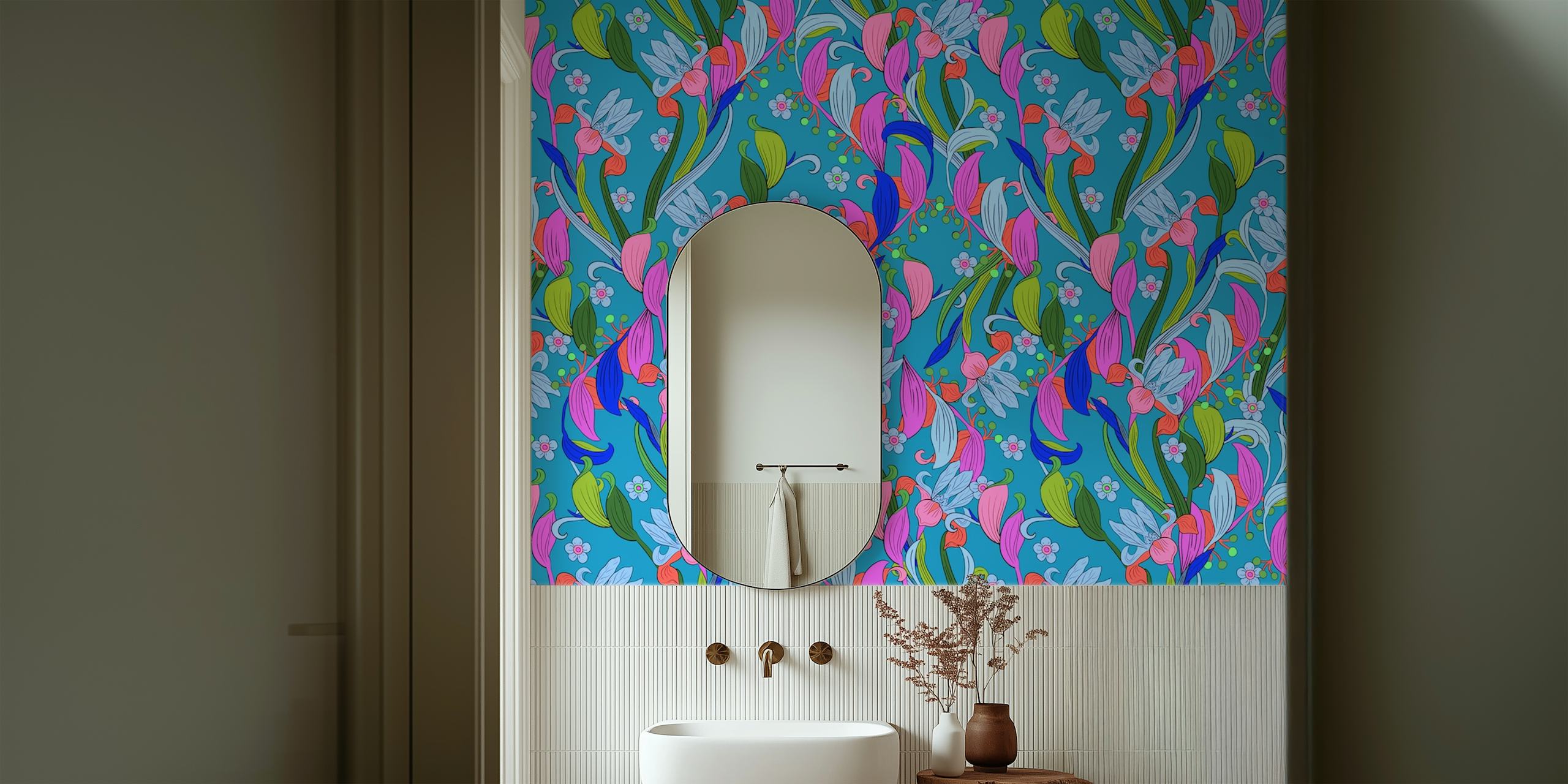 Padrão de flores Art Nouveau com formas botânicas estilizadas em cores vibrantes