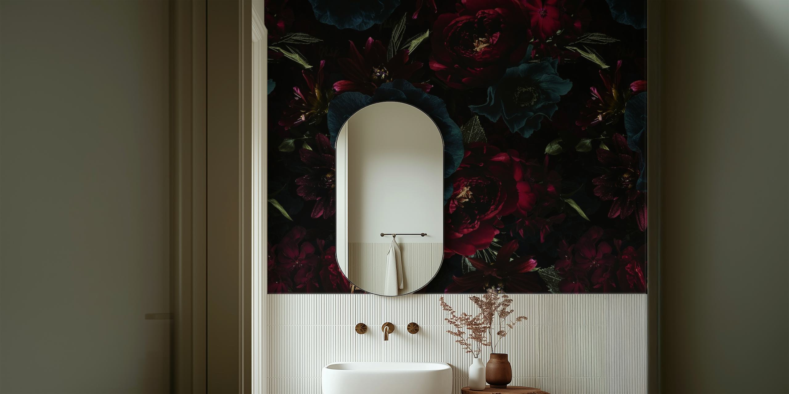Baroque-style peonies wall mural in dark, moody tones