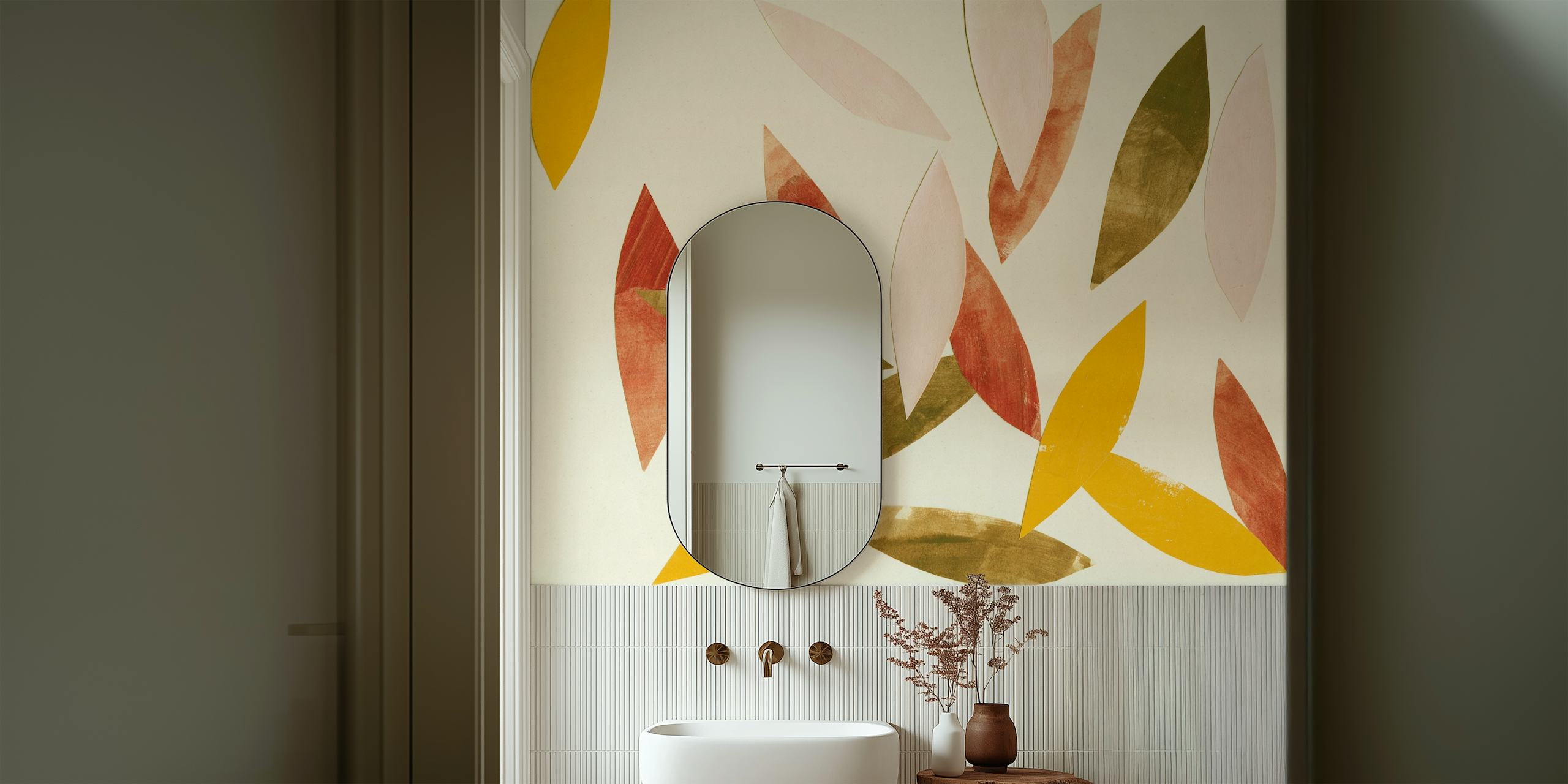 Abstrakti pastellin lehtikollaasi seinämaalaus